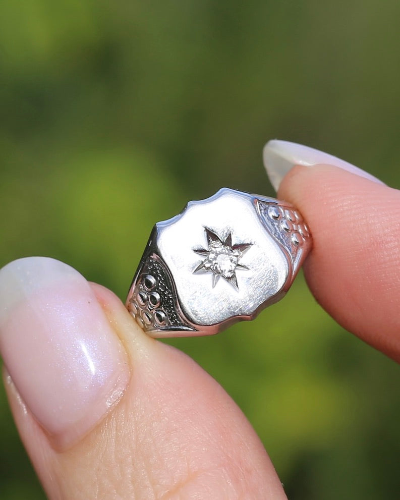 Vintage Shield Signet With Old Cut Diamond, 18ct White Gold, size N or just over 6.5 (fits more like an L1/2-M due to width), 6.86g