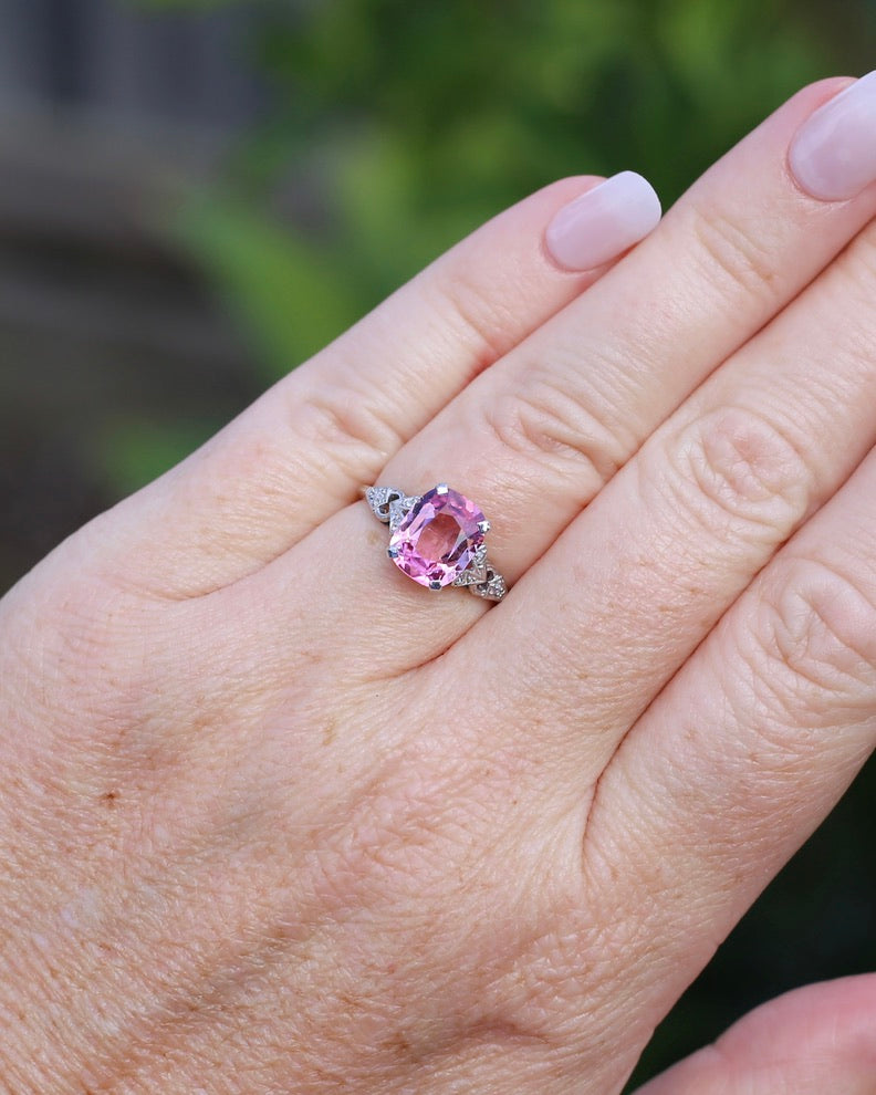 Pale Pink Tourmaline and Old Cut Diamond Shoulder Ring, 18ct White Gold and Platinum, size N or 6.75, 2.63g