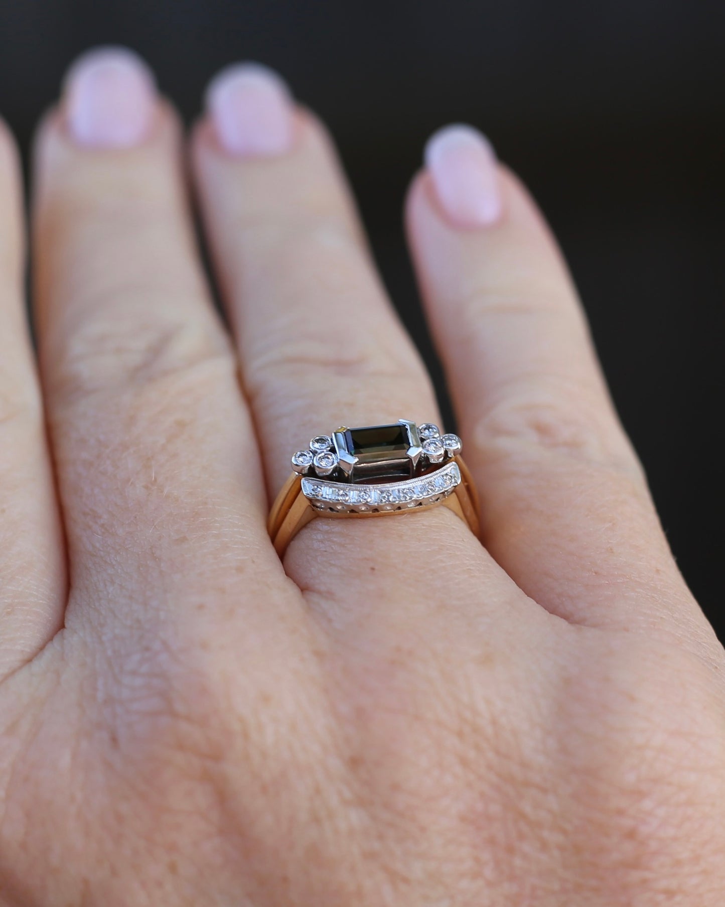 Vintage East West Set Natural Sapphire and Diamond Ring, 18ct Yellow and White Gold, size O or 7.25, 3.36g, with valuation