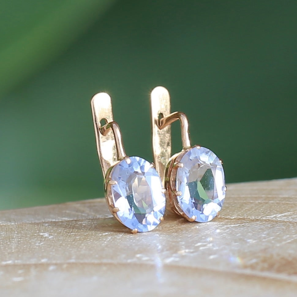 Vintage Russian Pale Lilac Blue Spinel Earrings with Lever Backs, 14ct Rosey Gold, 3.03g