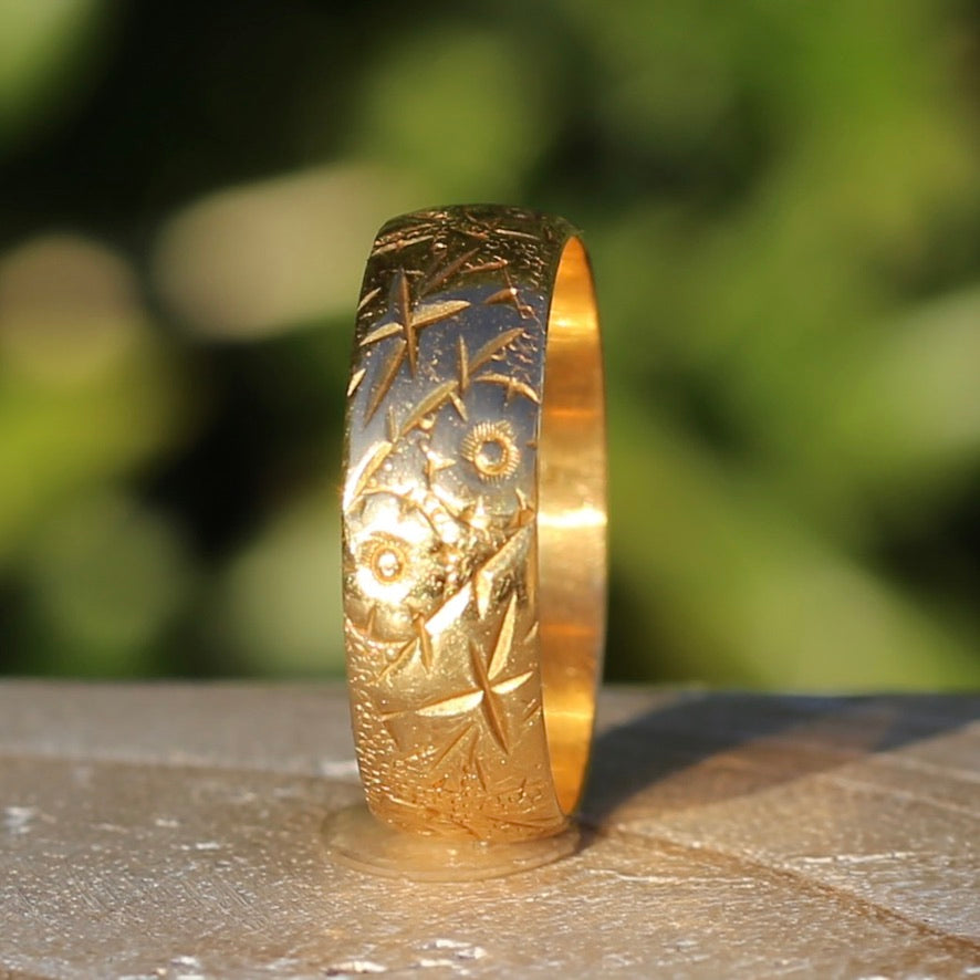 1964 22ct Half Round Band with Crisp Floral Engravings, size U1/2 ot 10.5 (fits about T1/2 or 9.75)