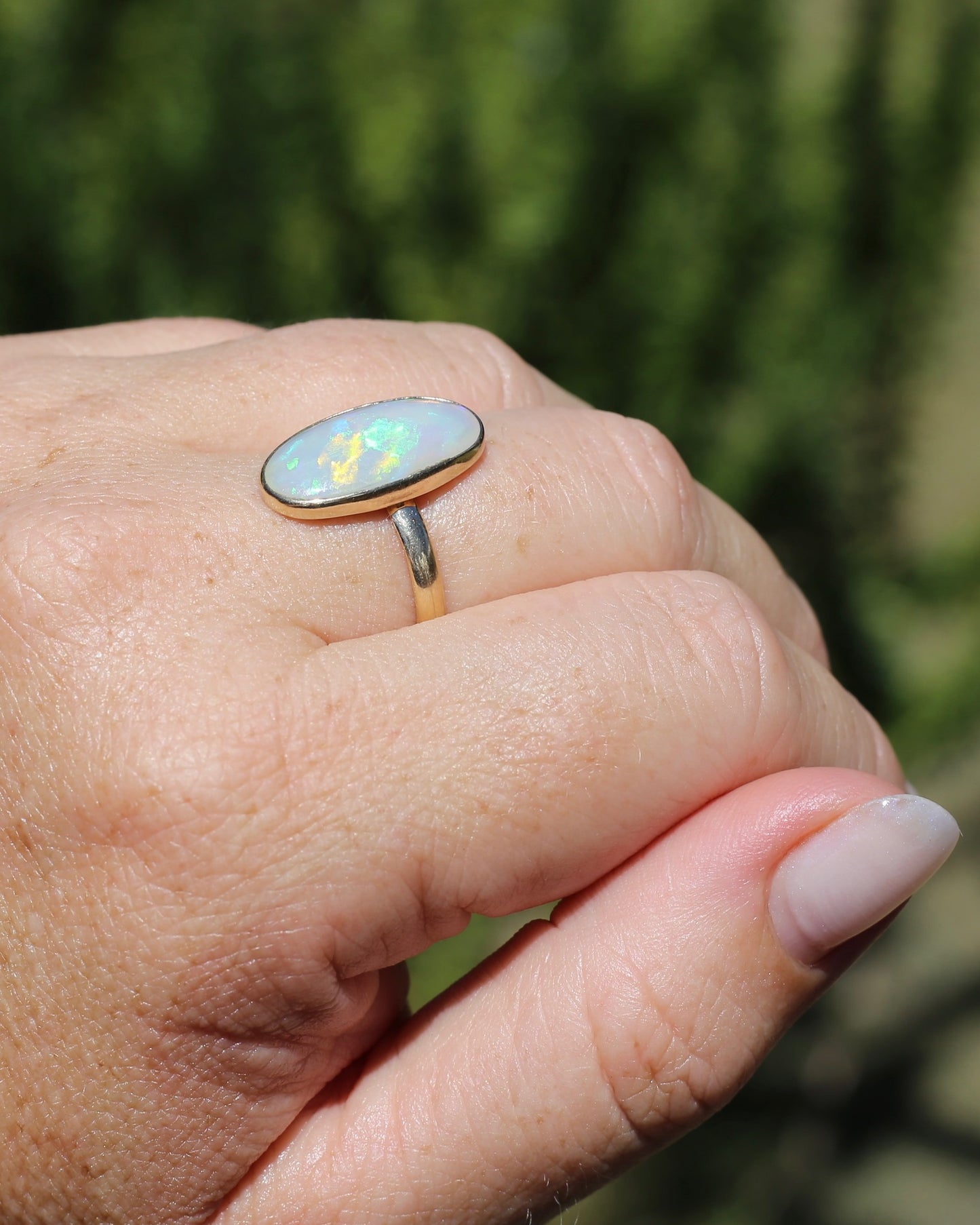 Crystal Opal Cabochon, Low Profile, in Bezel Set 9ct Yellow Gold, size T1/2 or 9.75