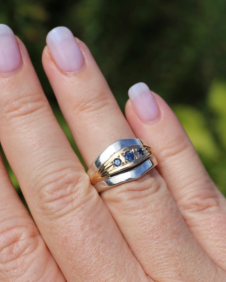 Mixed Metal Wide Band Featuring 3 Rubyvale Sapphires Mined in 1992, Sterling Silver and 14ct Yellow Gold, size O or just over 7 (fits more like an M1/2 or N), 6.81g