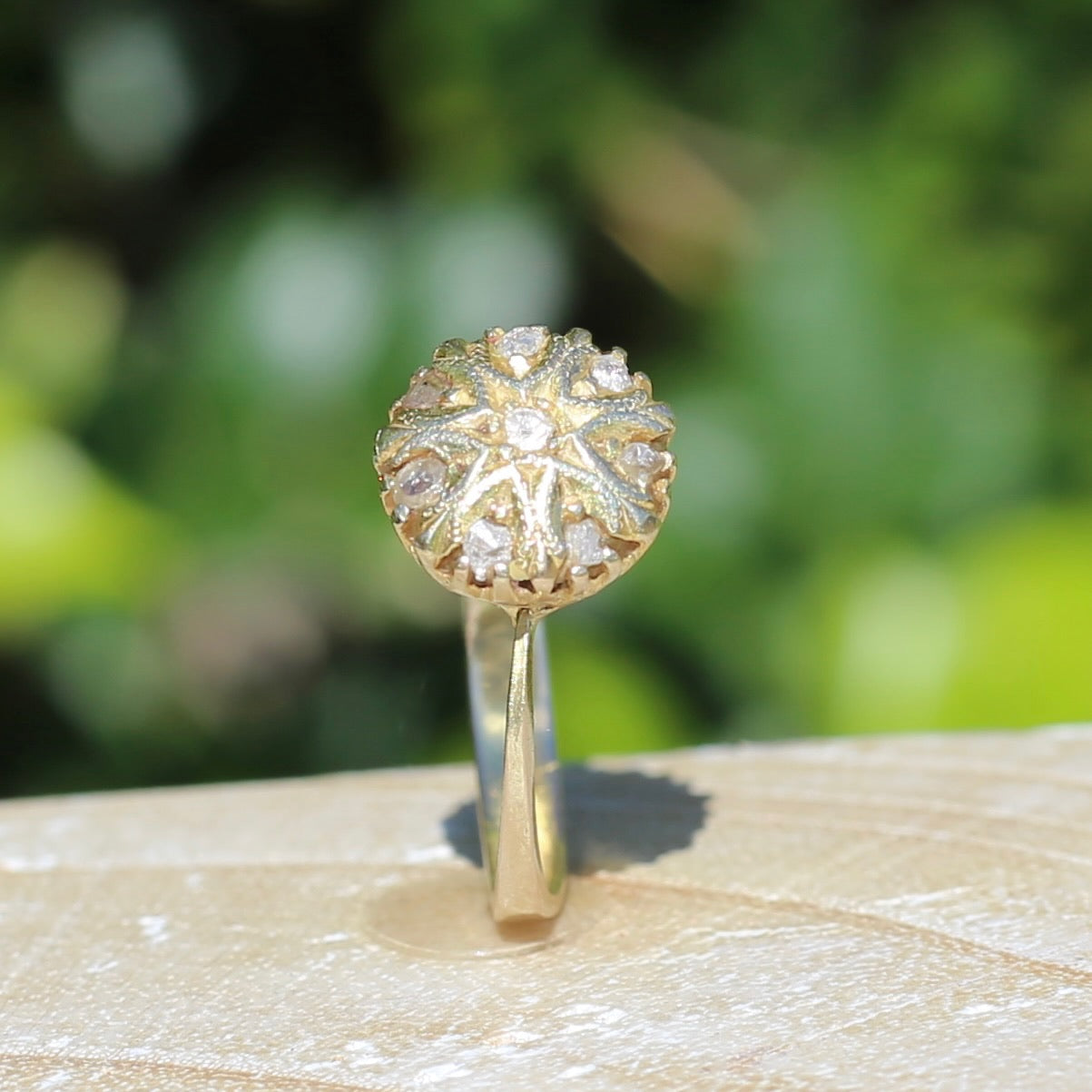 Rustic Handmade Likely Victorian Rose and Table Cut Diamond & Quartz Ring, approx 12ct Yellow Gold, size T or 9.5