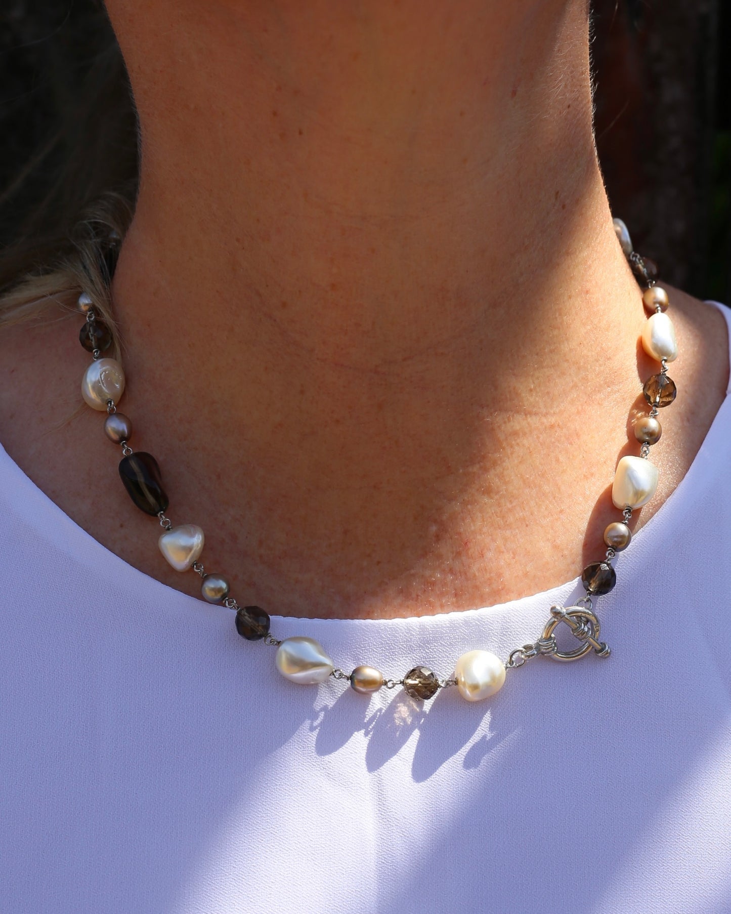 Baroque White Pearl, Grey Pearl and Smoky Quartz Neckalce, Silver Clasp and Findings, 43g