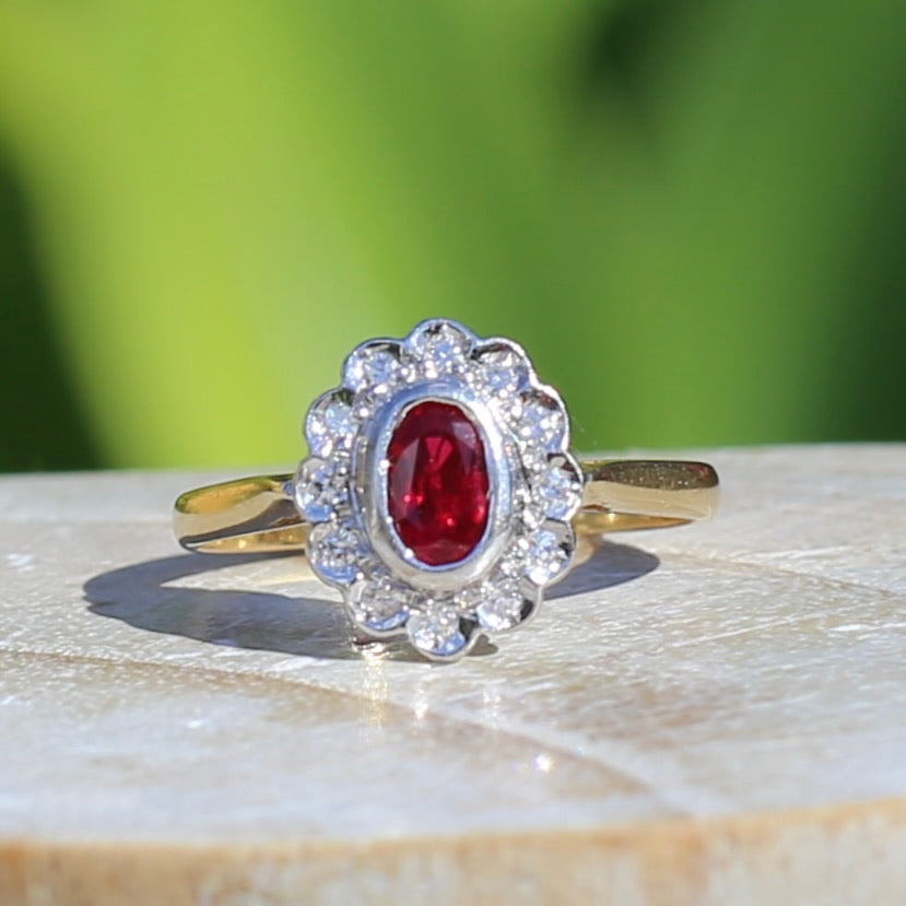 Ruby and Diamond Halo, 18ct Yellow and White Gold, size P or 7.75 with valuation