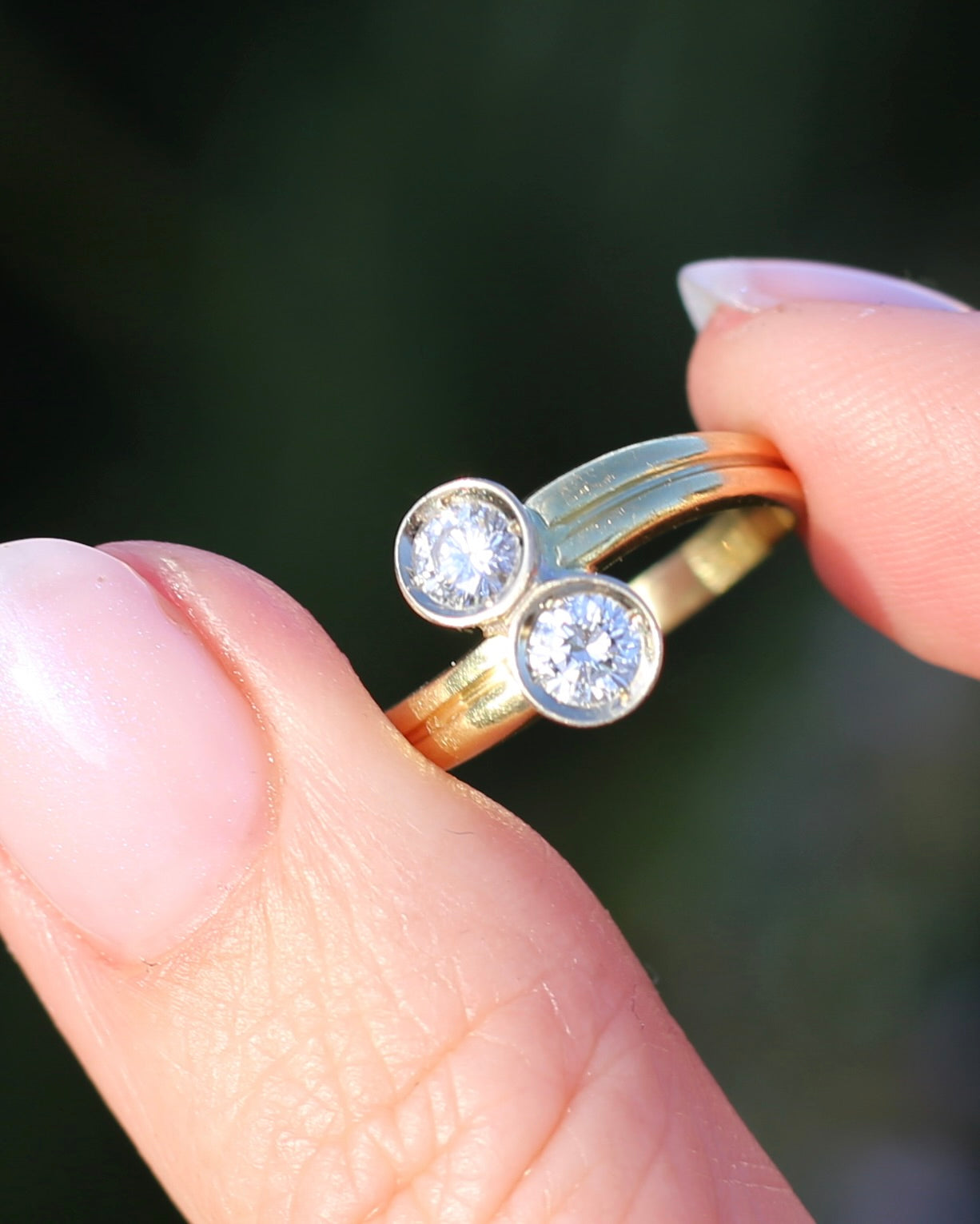 Vintage Toi Et Moi Two Stone Natural Diamond Ring, 18ct Yellow and White Gold Ring, size P1/2 or just over 7.75, 4.42g, with valuation