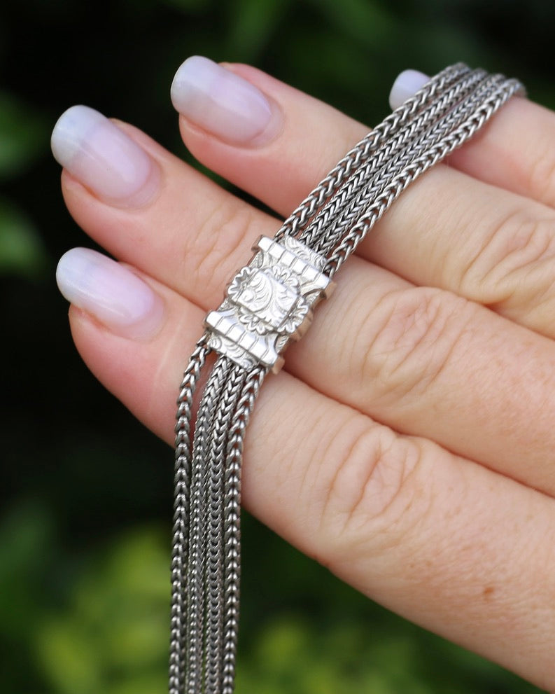 Antique 1901 Double Albertina Necklace with T-bar and Tassel, Sterling Silver, 43.75g