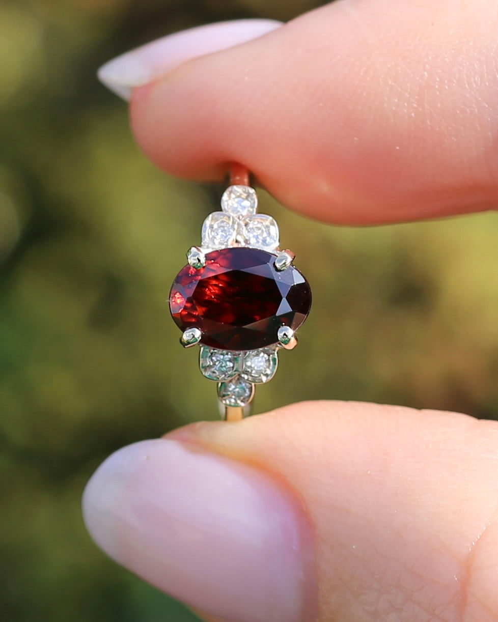 2.45ct Deep Red Whisky Zircon and Diamond RIng, 9ct Yellow Gold, size L or 5.75, 2.33g