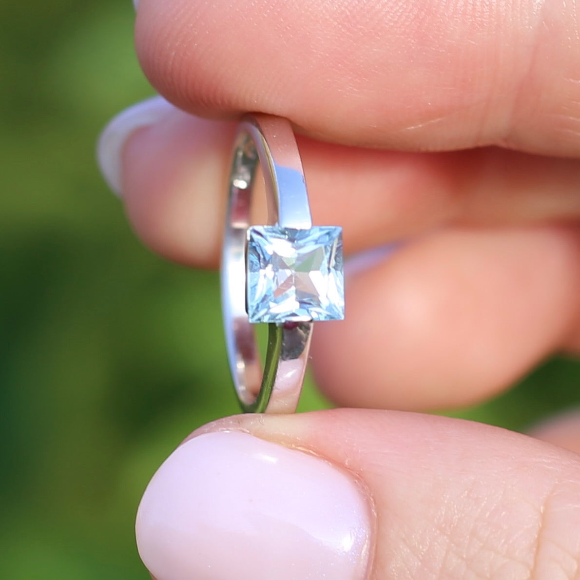 Italian Princess Cut Topaz in 14ct White Gold, size 7.25 or just bigger than O