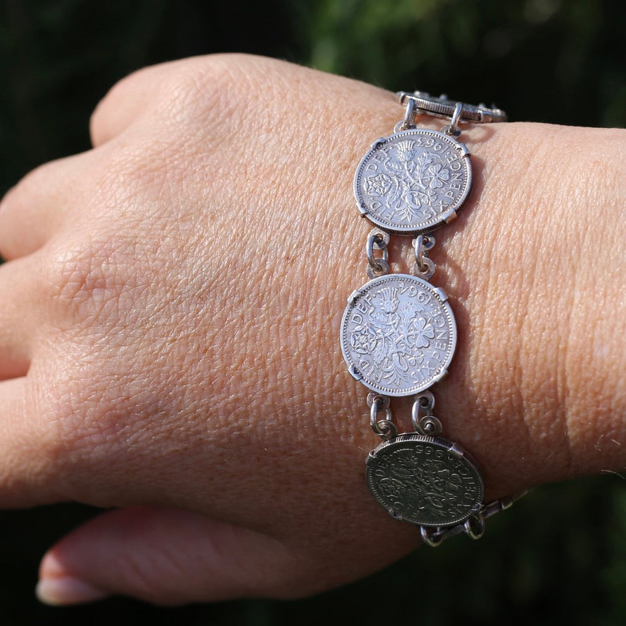 1960 - 1966 Sixpence Bracelet - set in 4 claw settings with double links, 20cm or 8 inches