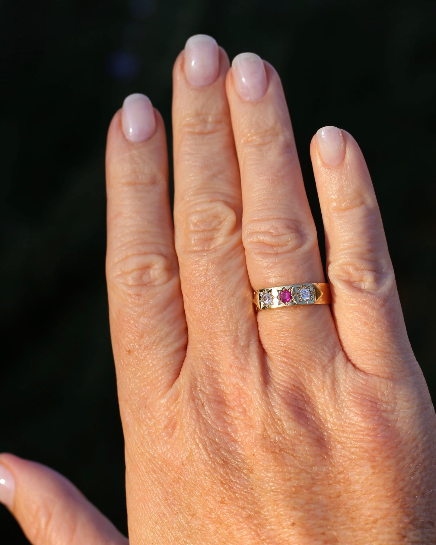 1873 15ct Band with 18ct Trilogy Old Cut Star Set Addition, 15 & 18ct Gold, size R1/2 or 8.75 (fits slightly smaller)