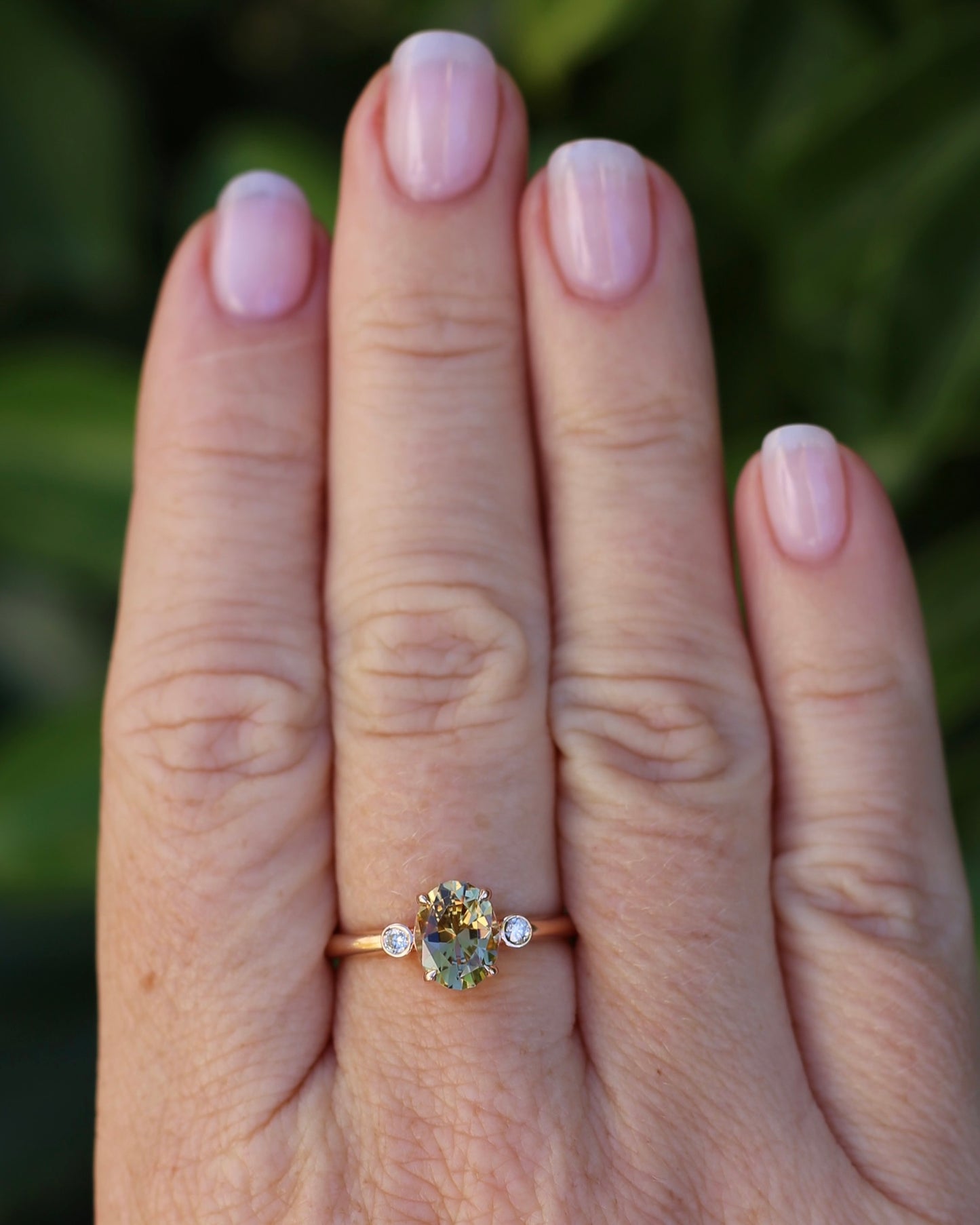 1.57ct Natural Golden Tanzanite Zoisite and Diamond Trilogy Ring, 14ct Rose Gold, size 8.75 or just over R, 3.3g, with valuation