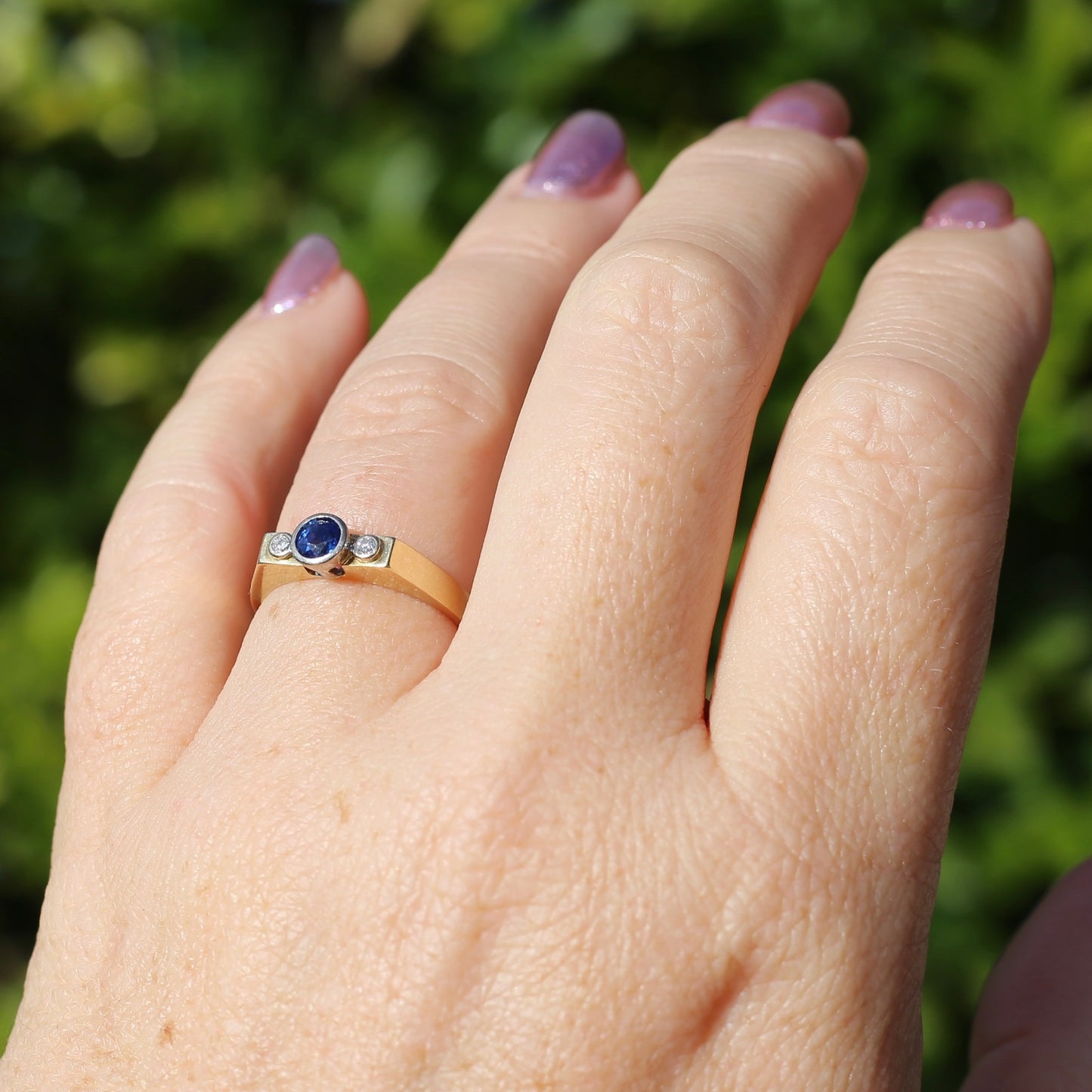 Bezel Set Sapphire and Diamond Trilogy Ring, 14ct Yellow and White Gold, size O1/2 or just over 7.25