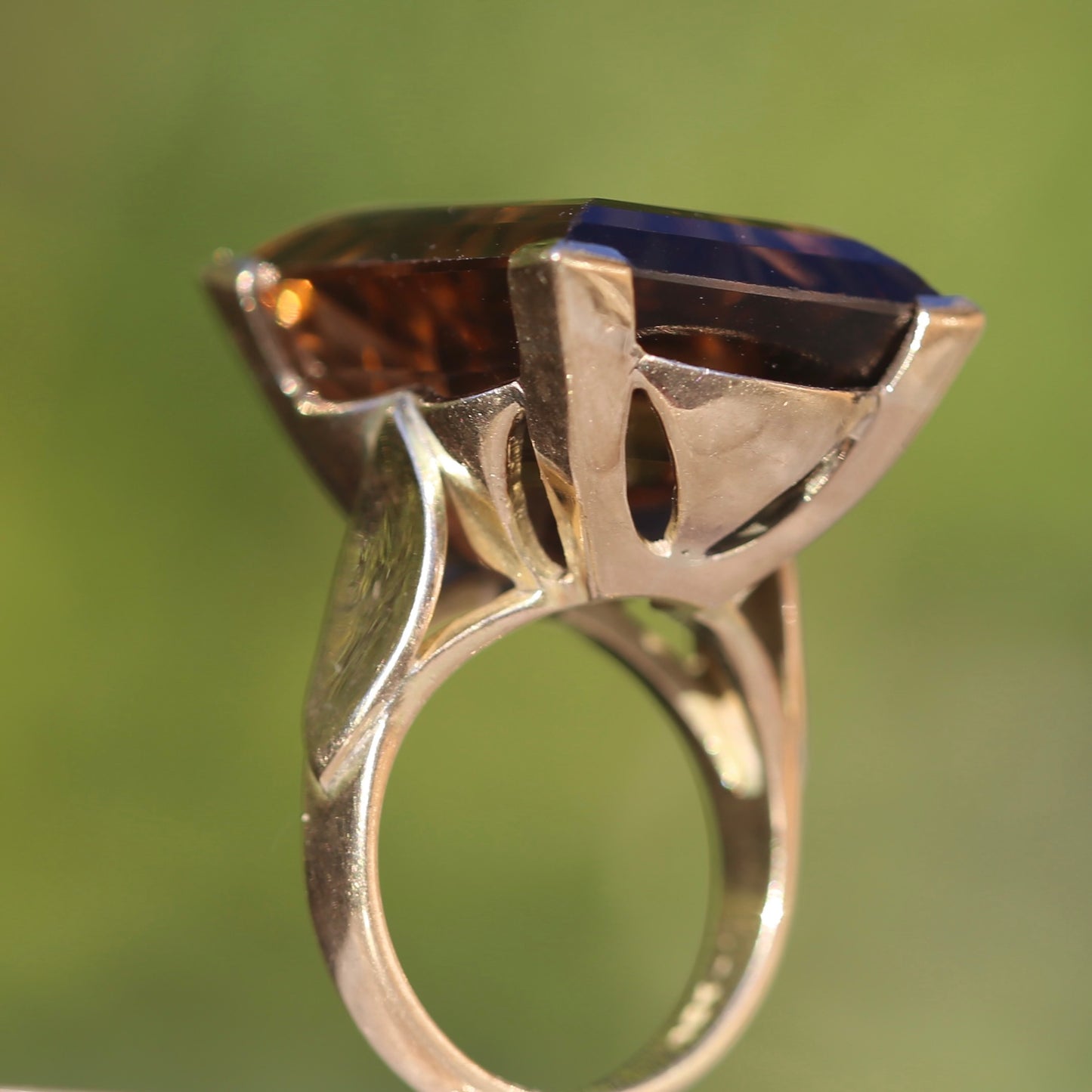 Mid Century 36ct Princess Cut Smoky Quartz Cocktail Ring, 9ct Yellow Gold, size N1/2 or 6.75