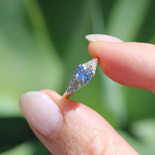 Pristine Early Australian 1930s Dunklings Blue Zircon & Diamond RIng, size L or just over 5.5