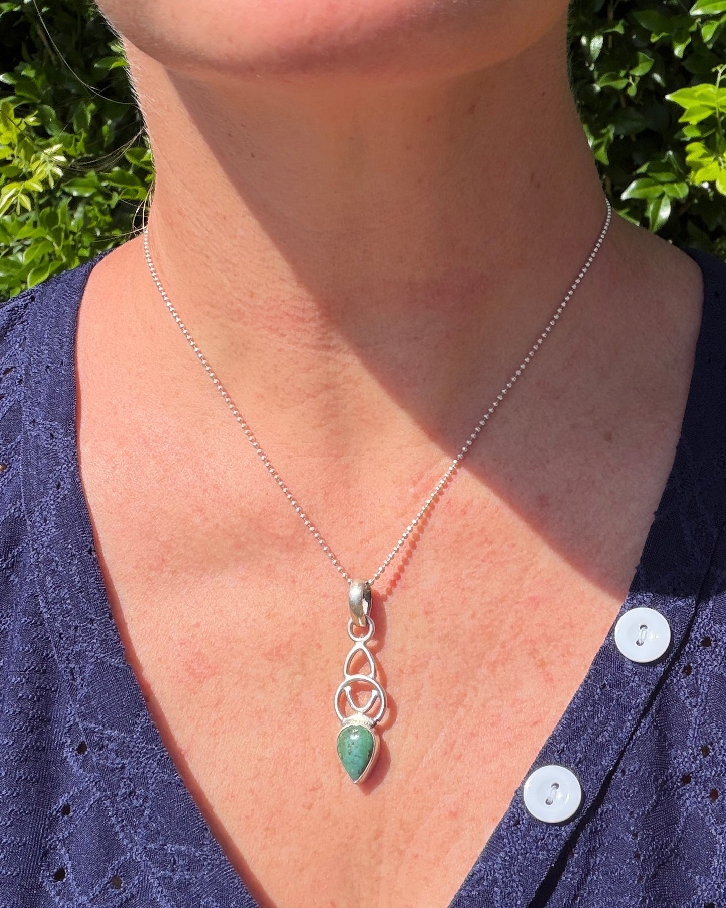 Natural Turquoise and Celtic Inspired Pendant, Sterling Silver, 4.8g