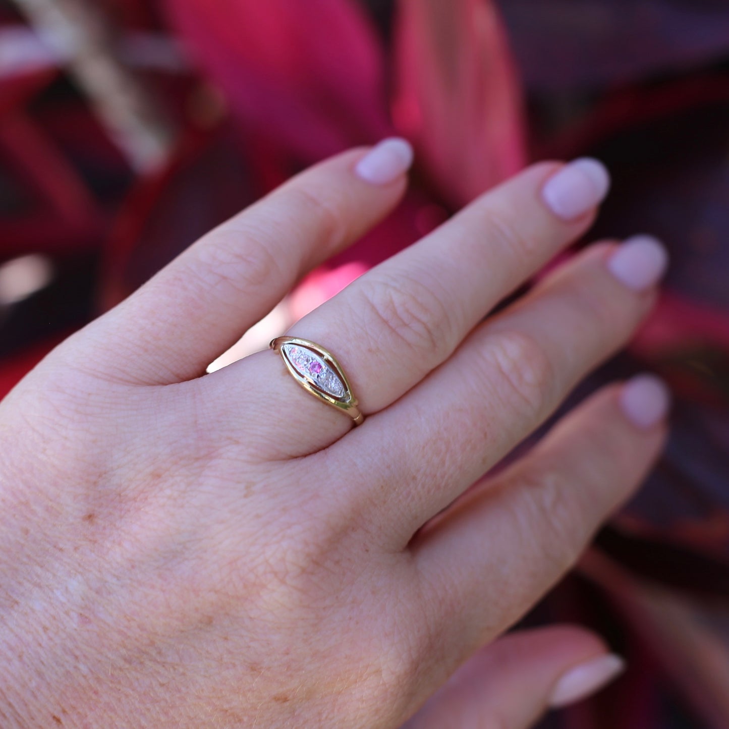 Antique Boat Ring with Four Old Cut Diamonds and an Old Cut Pink Topaz, 18ct Yellow and White Gold, size 7 or N1/2