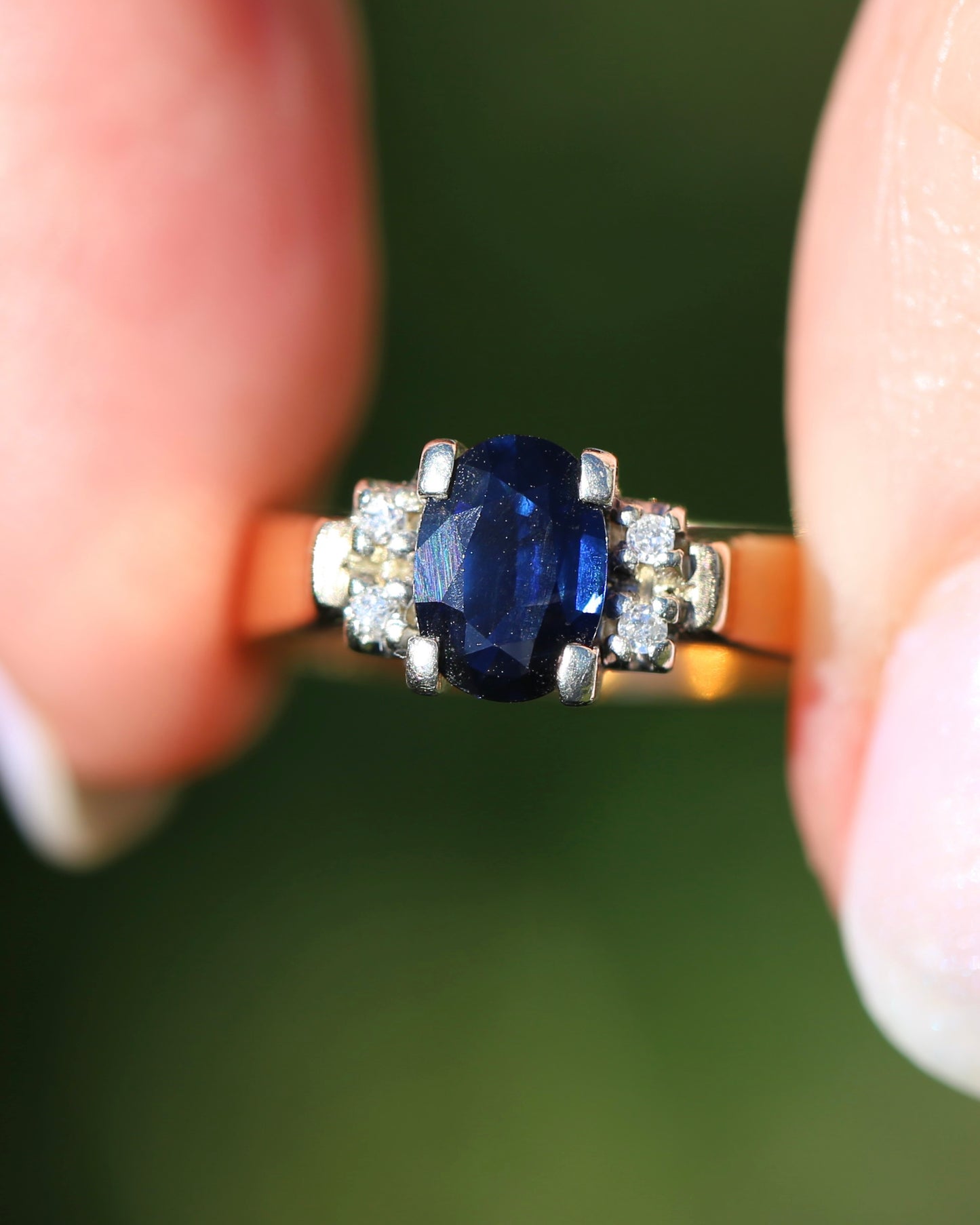 Circa 1970s Natural Sapphire and Diamond Ring, 9ct Yellow and White Gold, size M or 6.25, 4.19g