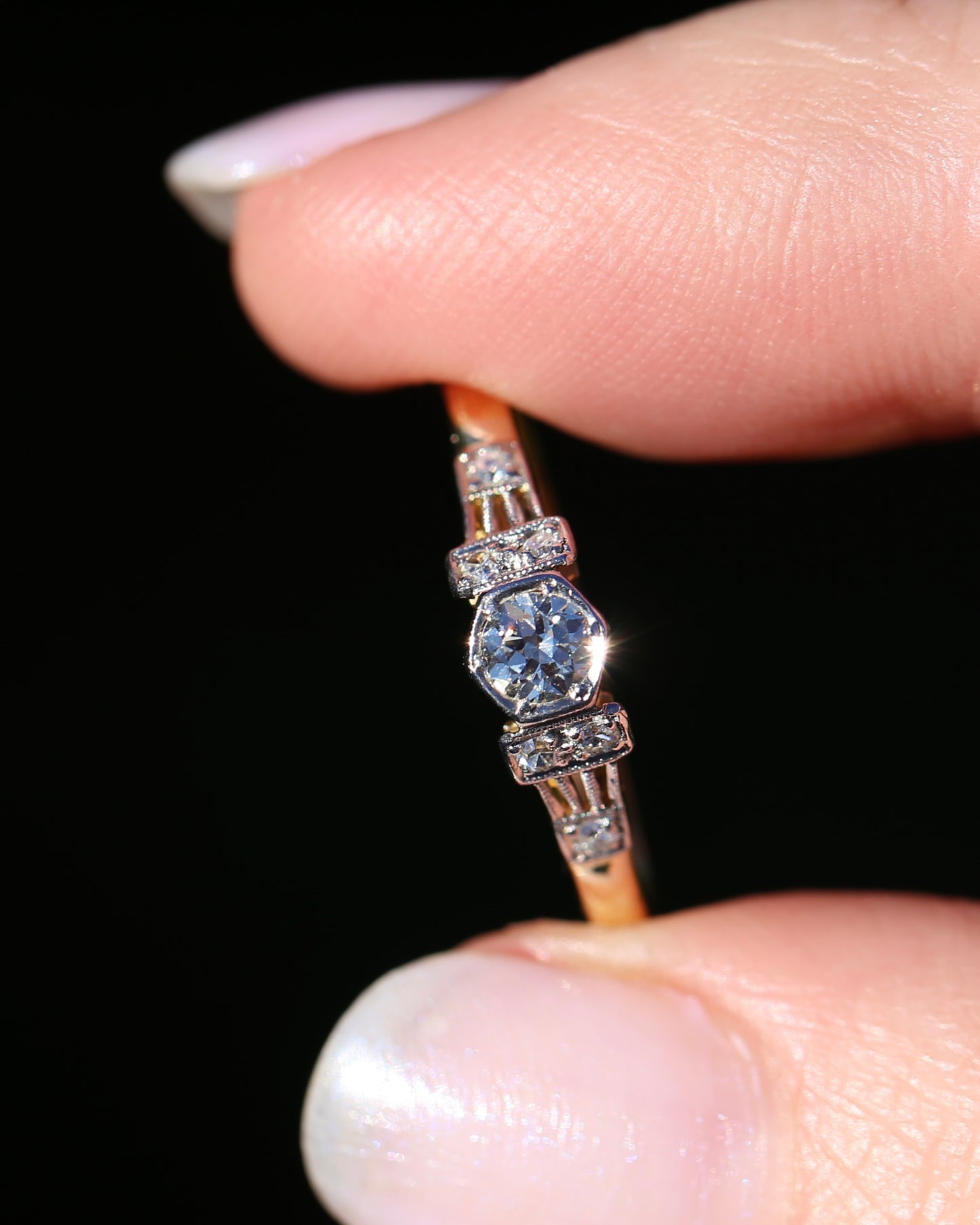 Hexagonal Grain Semi Modern Cut Diamond and Single Cut Diamond Shoulders Ring, 18ct White and Yellow Gold, size P1/2 or 8, 2.58g, with valuation