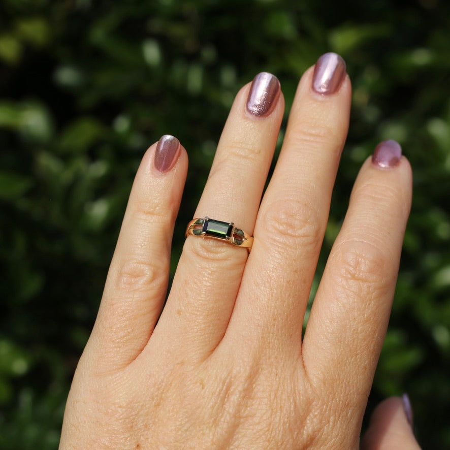 East West Set Emerald Cut Dark Green Natural Tourmaline Ring, 9ct Yellow Gold, size L or 5.75