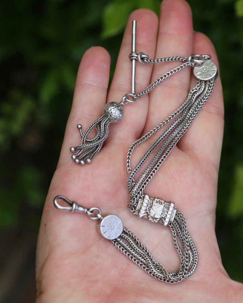 Antique 1901 Double Albertina Necklace with T-bar and Tassel, Sterling Silver, 43.75g