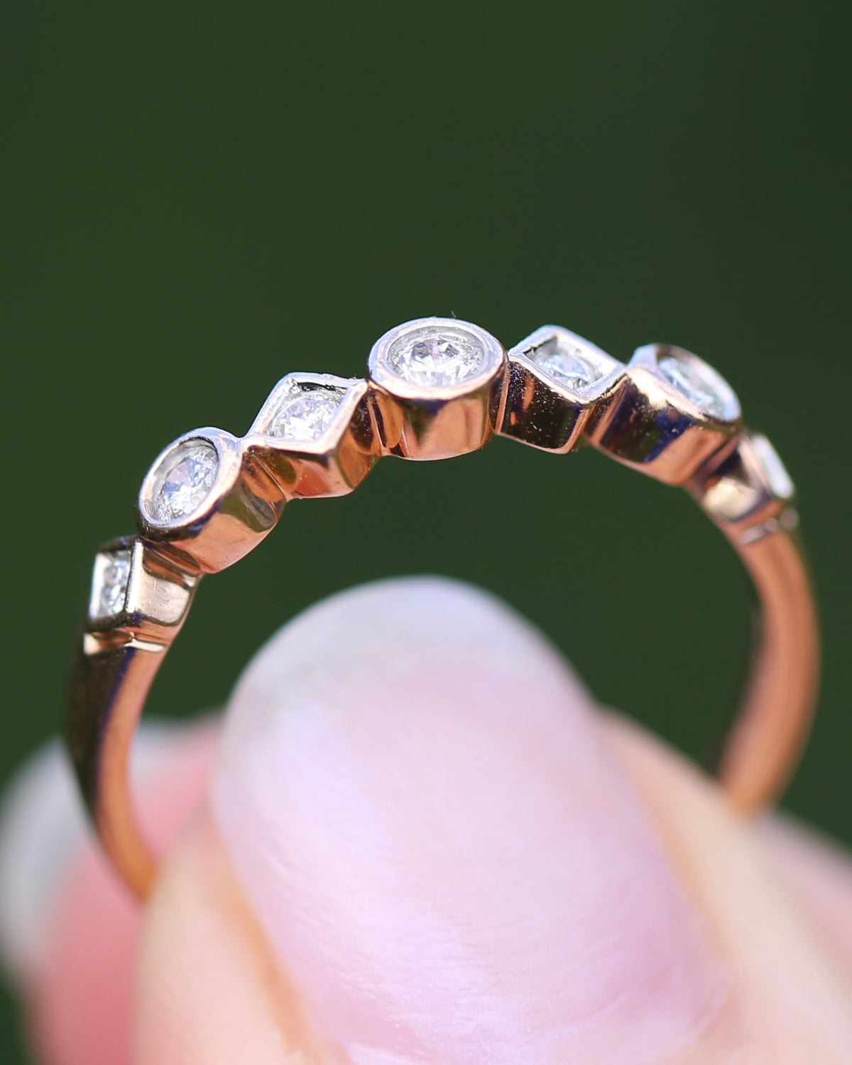 0.25ct 7 Stone Natural Diamond Bezel Set Round and Geometric Rose Gold Stacker, 10ct Rose Gold, size O or 7.25
