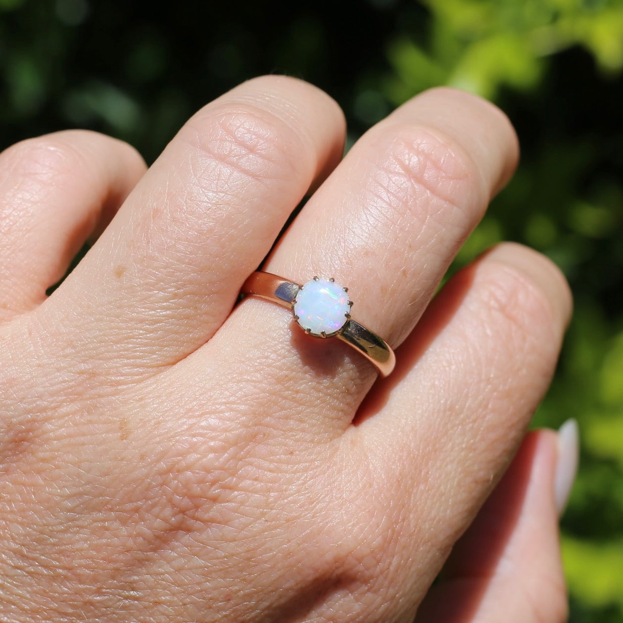 Early Australian 11 Multi Claw White Round Opal Ring, 9ct Old Rosey Gold, size 10 or U
