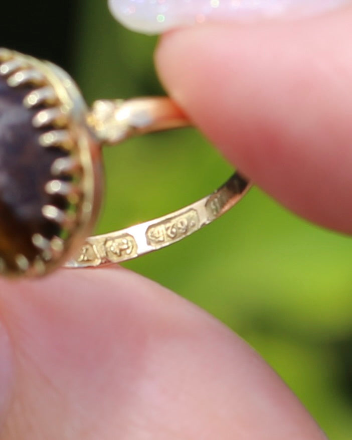 Second Glance - Antique Birmingham Made 1922 Tiger Eye Cabochon Ring, 15ct Yellow Gold, size I or 4.25, 2.27g