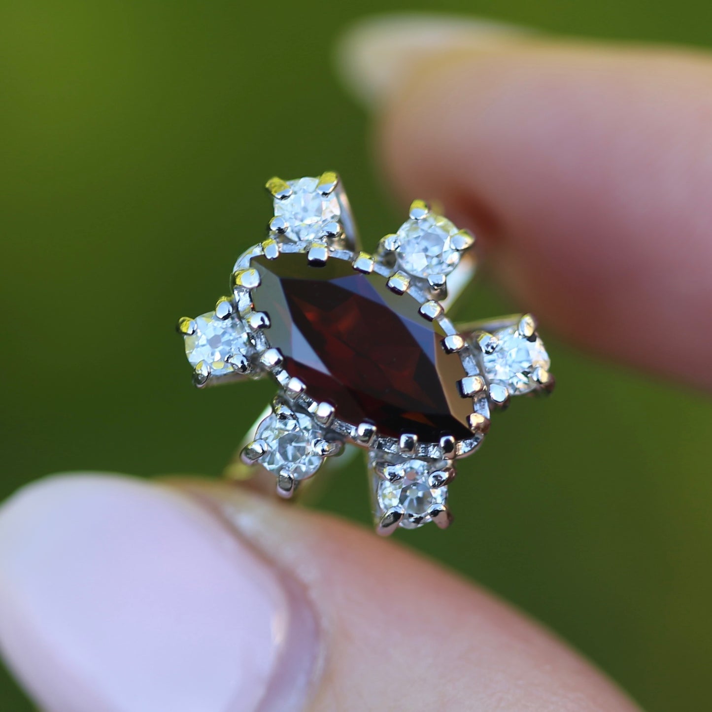 Viking feel Marquise Garnet With 6 Transitional Cut Diamonds, 18ct White and Yellow Gold, size N1/2 or 7