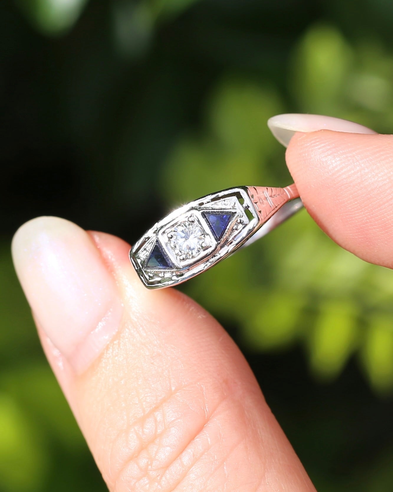 Art Deco Diamond and Sapphire Trilogy in Raised Handmade Engraved Floral Setting, 14ct White Gold, size U or 10 - offering free resize down to 7 or O, with valuation