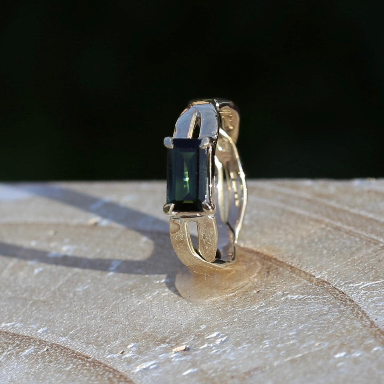 East West Set Emerald Cut Dark Green Natural Tourmaline Ring, 9ct Yellow Gold, size L or 5.75