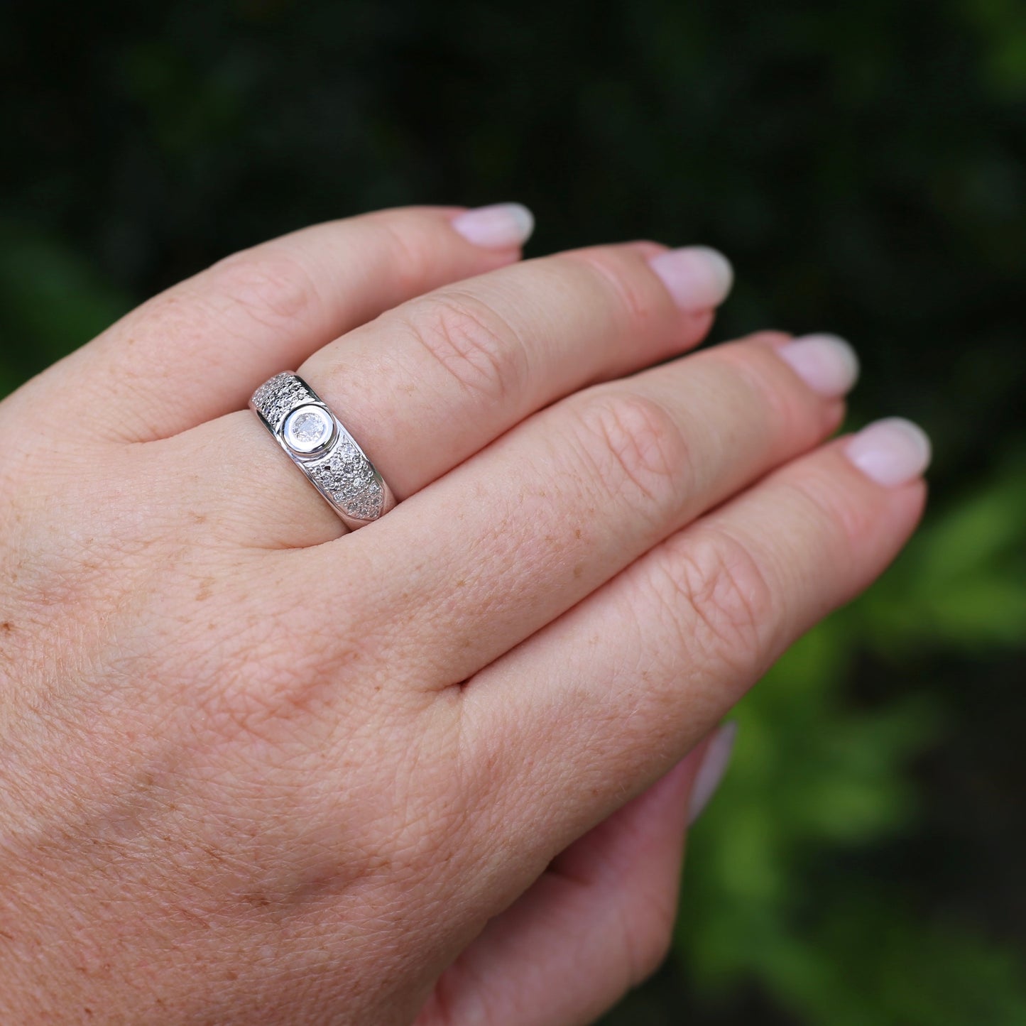 Bezel Set Old European Cut Diamond, in Pavé Setting of Diamonds, Chunky Platinum, size Q or 8 (fits more like an O1/2 - P), with valuation