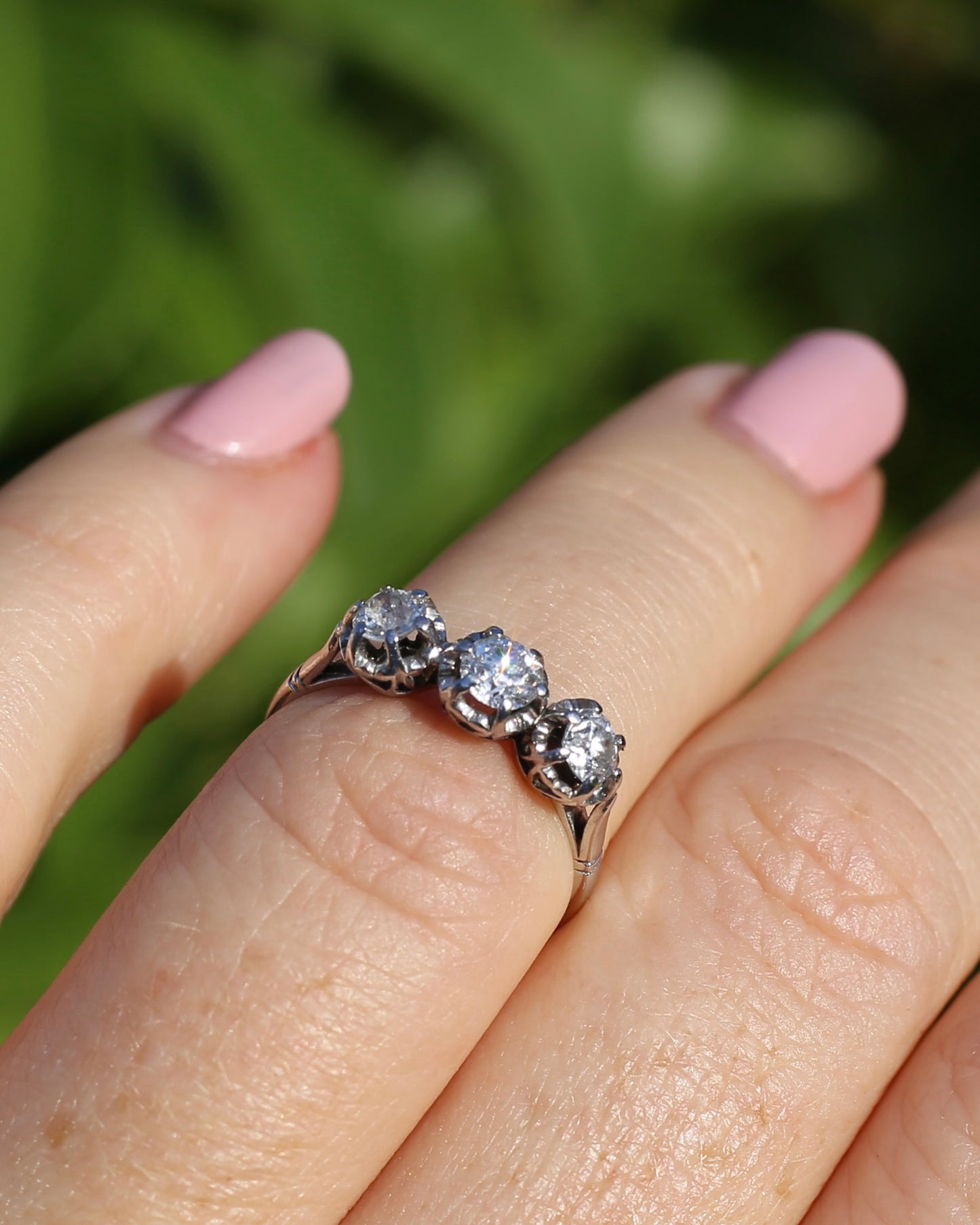 Circa 1930s Transitional Cut Diamond Trilogy with Kozibe Effect, Platinum, size L or 5.75, 2.68g, with valuation