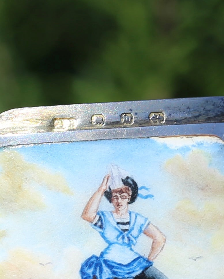 Antique 1896 Vesta Case featuring Enamel Sailor Girl, Sterling Silver, 39g