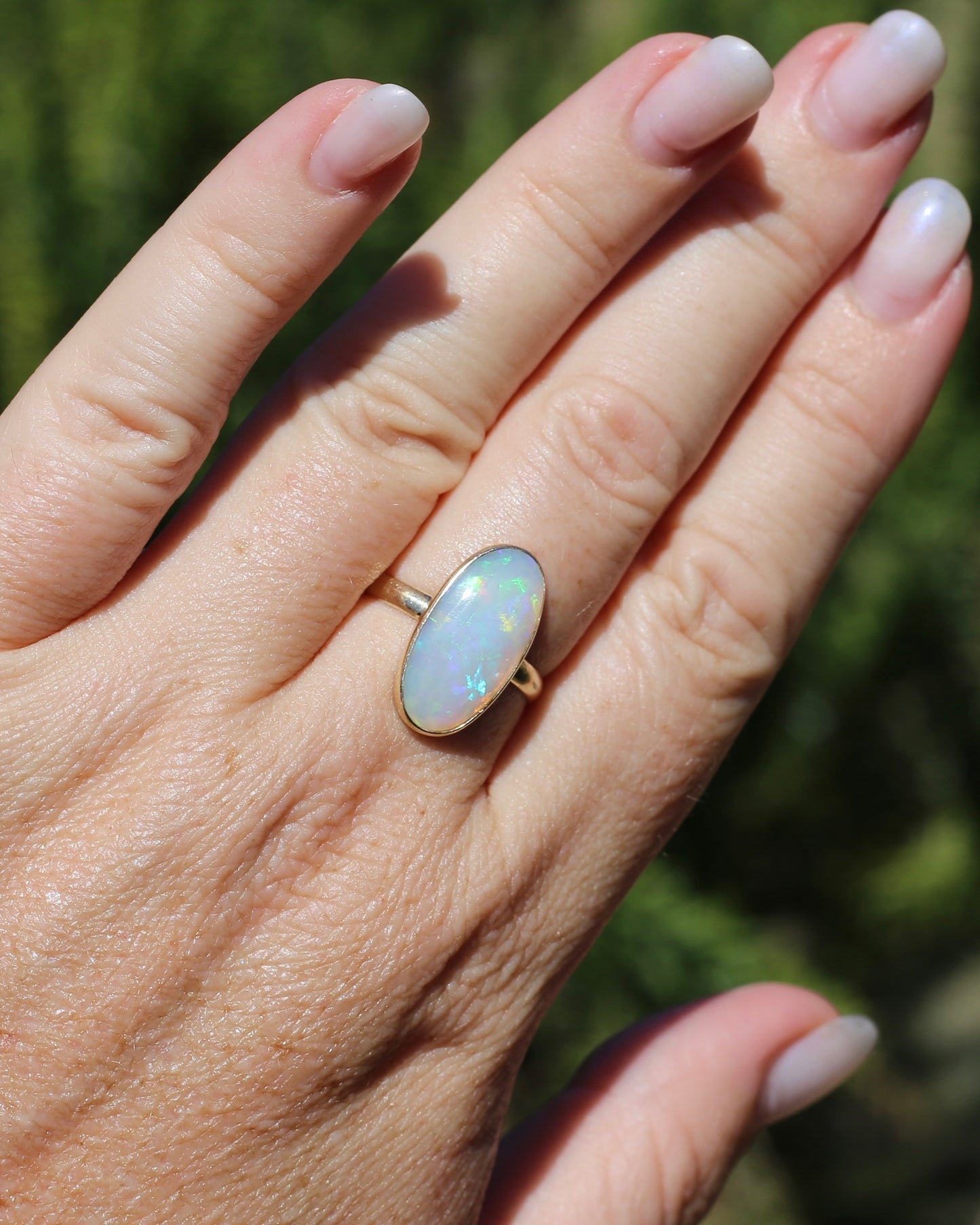 Crystal Opal Cabochon, Low Profile, in Bezel Set 9ct Yellow Gold, size T1/2 or 9.75