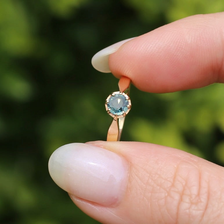 Seafoam Sapphire Solitaire in 8 Claw Setting, 9ct Yellow Gold, size L or just under 5.5