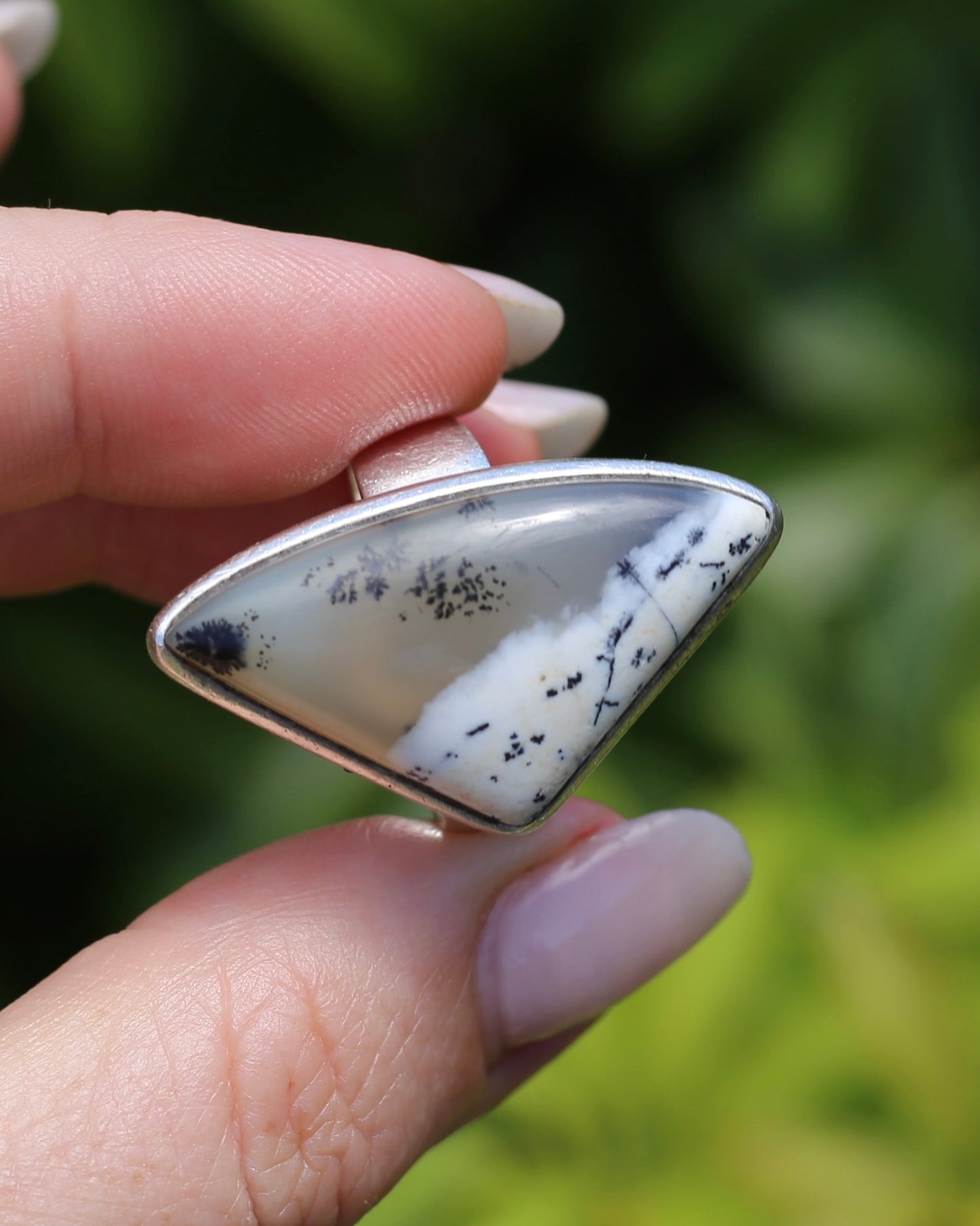 Freeform Dendritic Agate Bezel Set Ring, size T1/2 or 9.75, 14.7g
