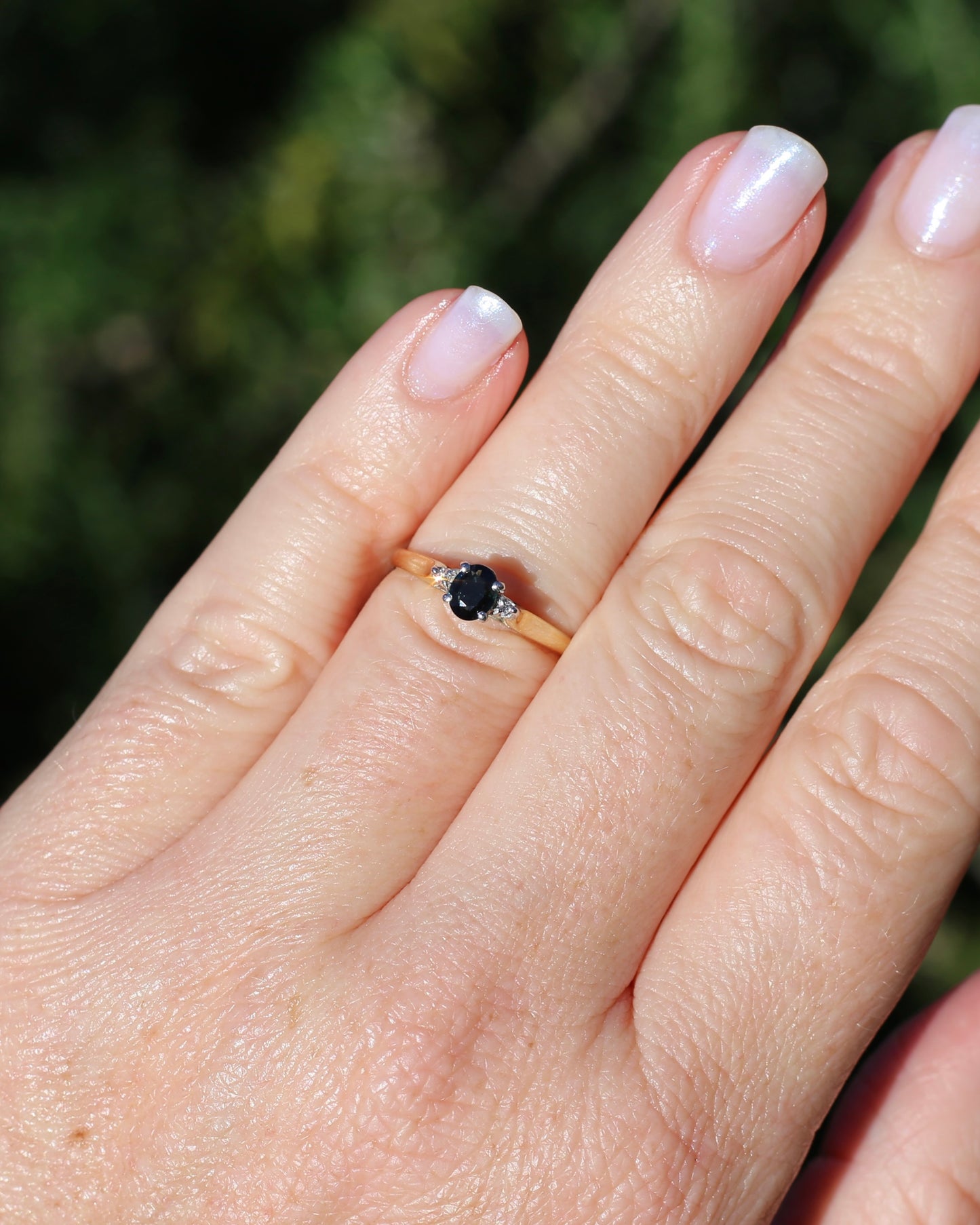 Dark Australian Sapphire and Diamond Dainty Trilogy, 9ct Yellow and White Gold, M1/2 or 6.5, 1.75g