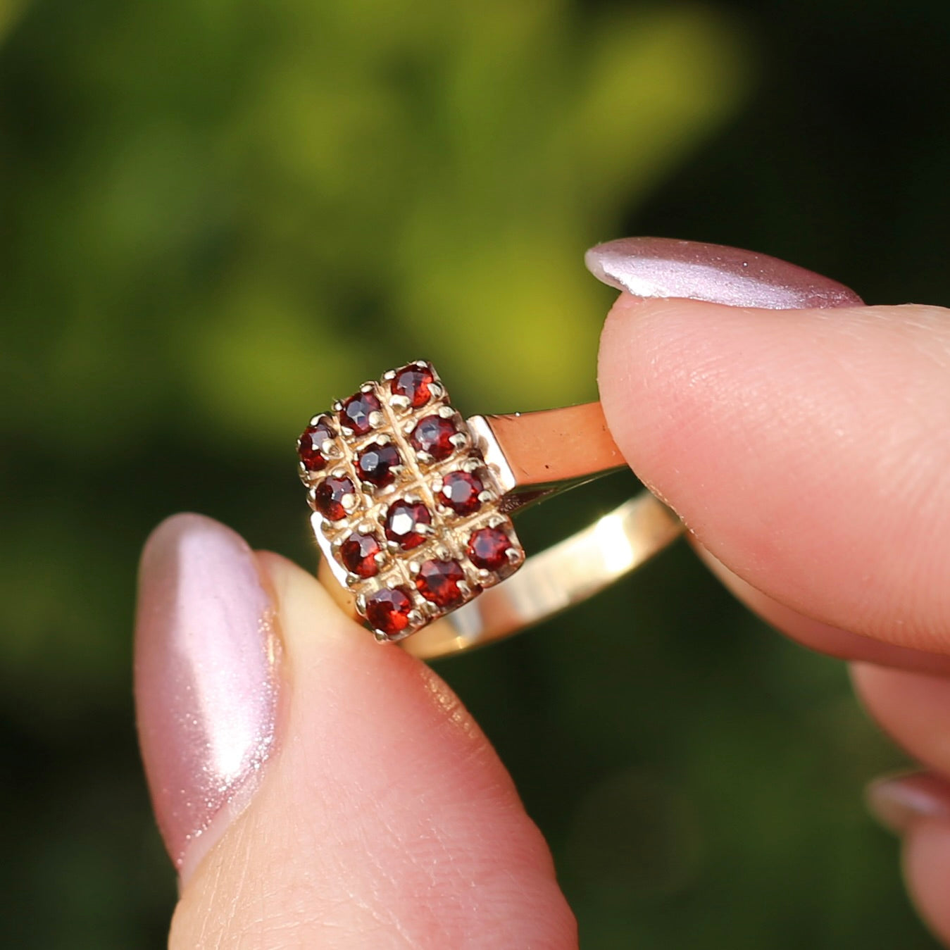 Old Cut 12 Stone Garnet Checkerboard Ring, size P or 7.75