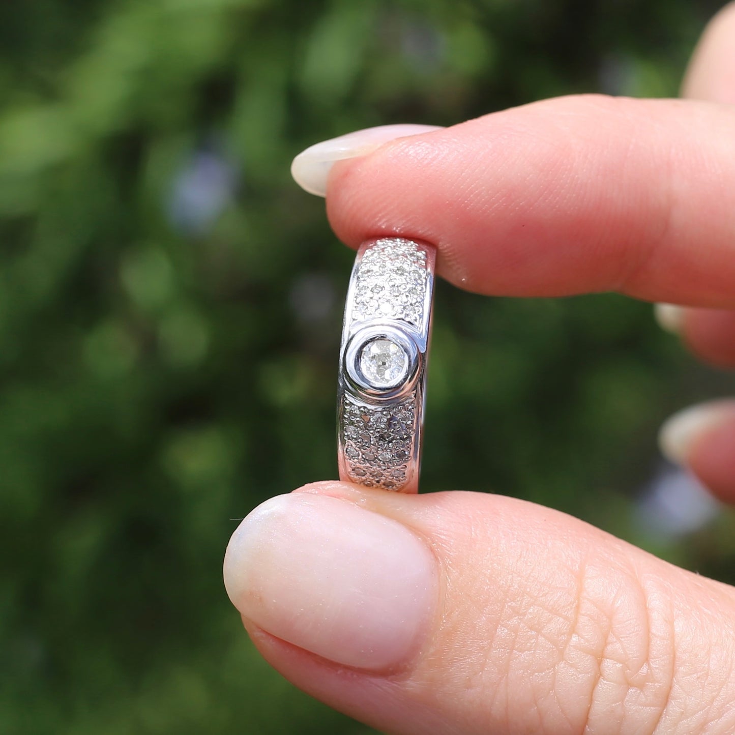 Bezel Set Old European Cut Diamond, in Pavé Setting of Diamonds, Chunky Platinum, size Q or 8 (fits more like an O1/2 - P), with valuation