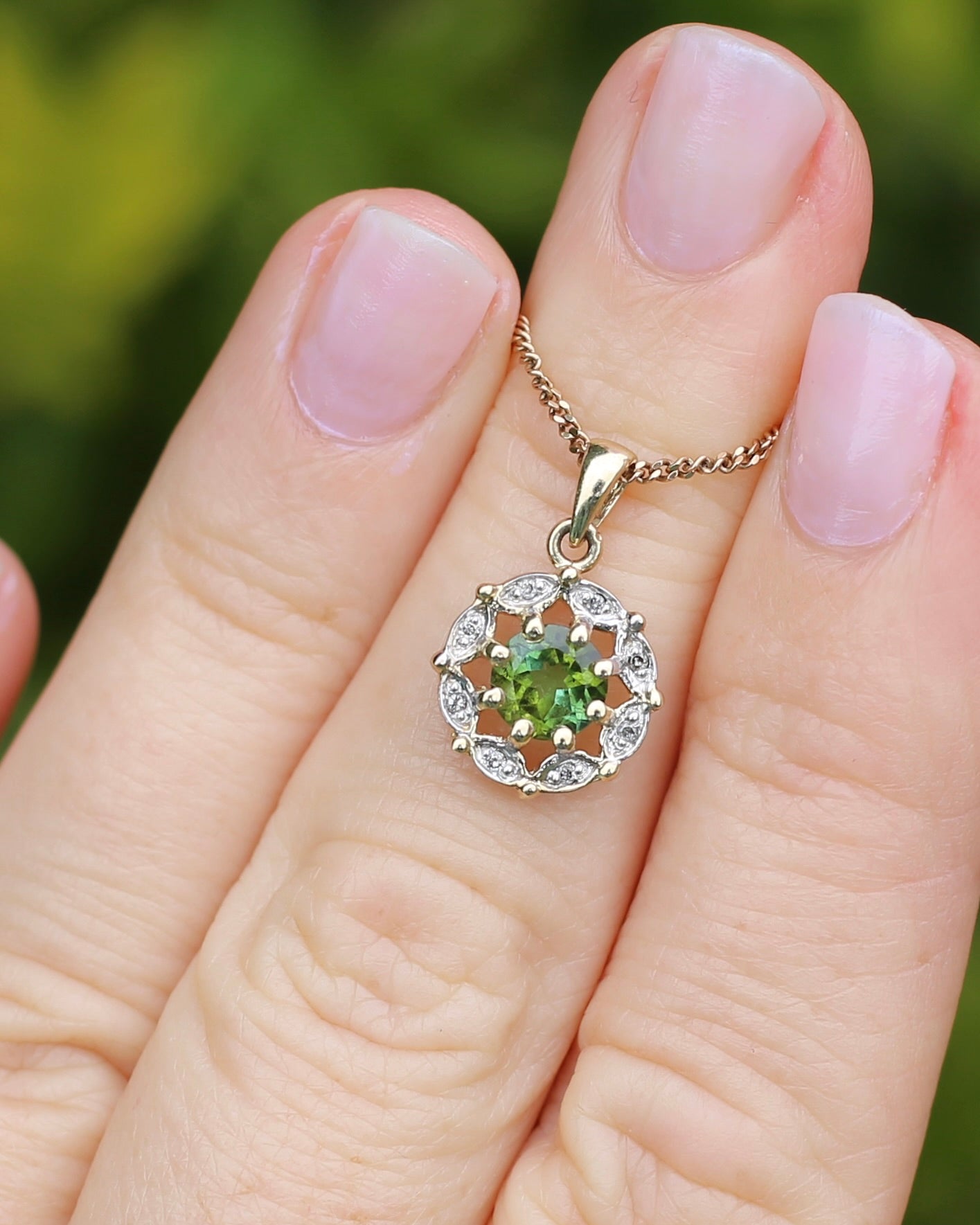 Vintage 0.7ct Green Tourmaline and Diamond Pendant, 9ct Yellow Gold, 1.15g