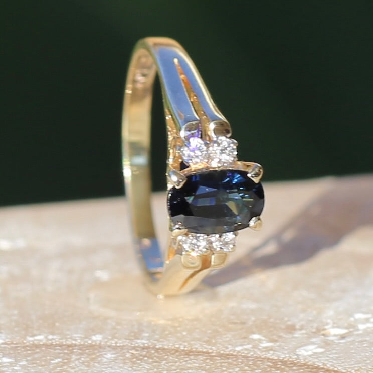 Oval Natural Blue Sapphire with Diamonds, Art Deco Feel Ring, 14ct Yellow Gold, size N or 6.75