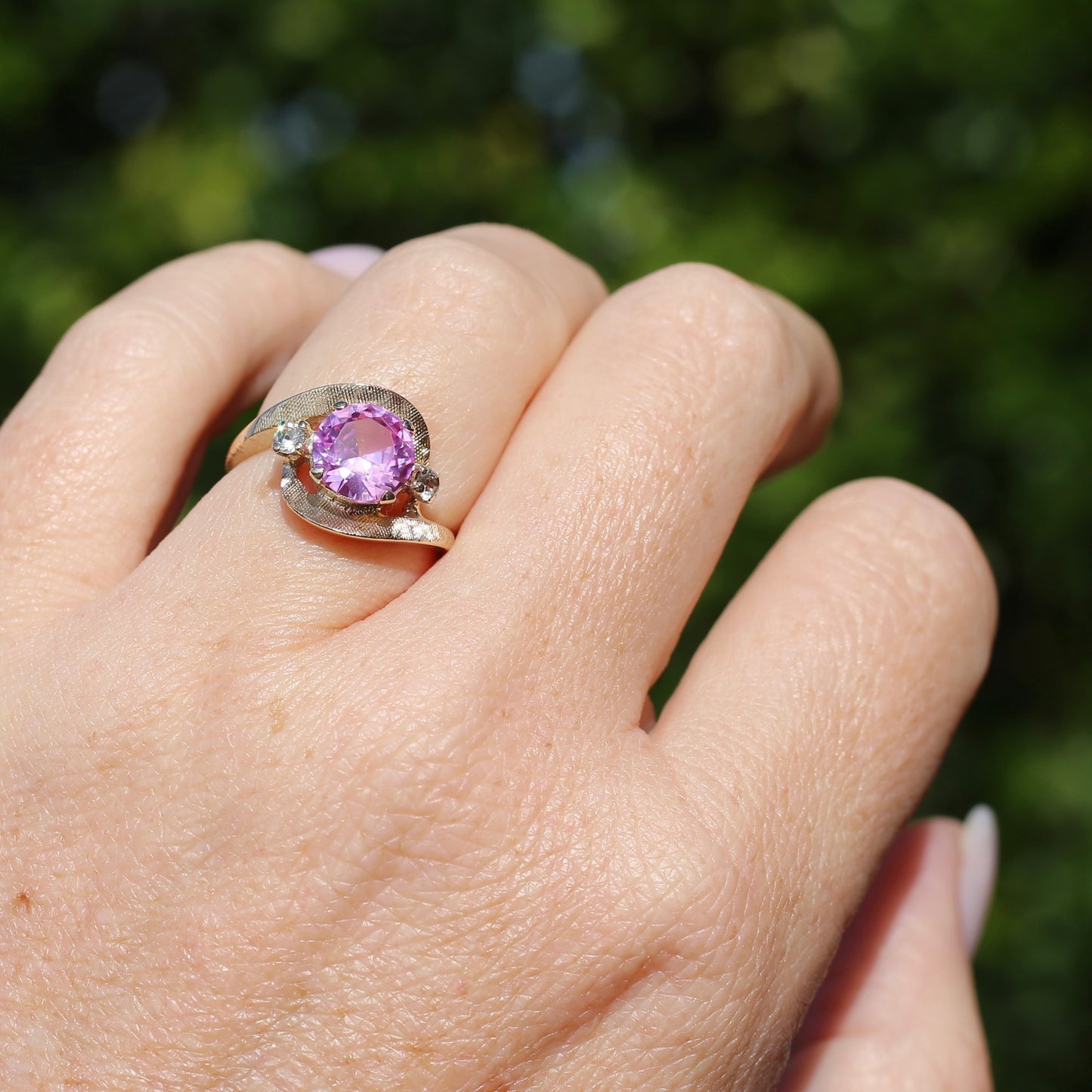 Asymmetric Pink Sapphire and White Spinel Dress Ring, 10ct Yellow Gold, size  N or 6.75