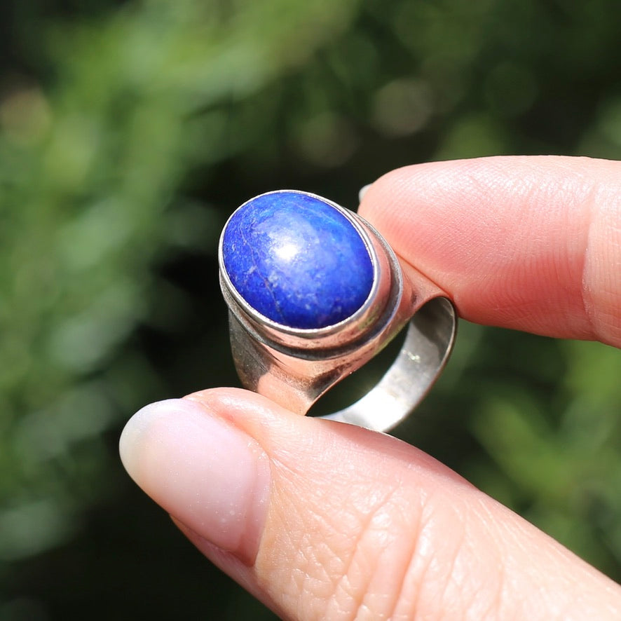 Large Lapis Cabochon in Silver Bezel Setting, size P1/2 or just under 8