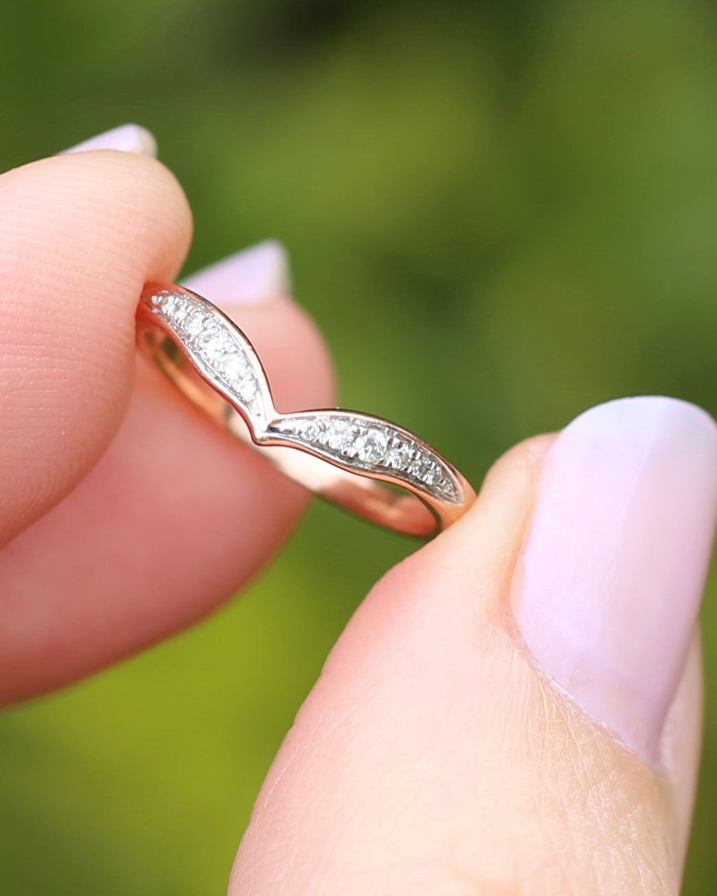 Bead Set Natural Diamond Wishbone Ring, 9ct Rose Gold, size J or 4.75, 1.7g