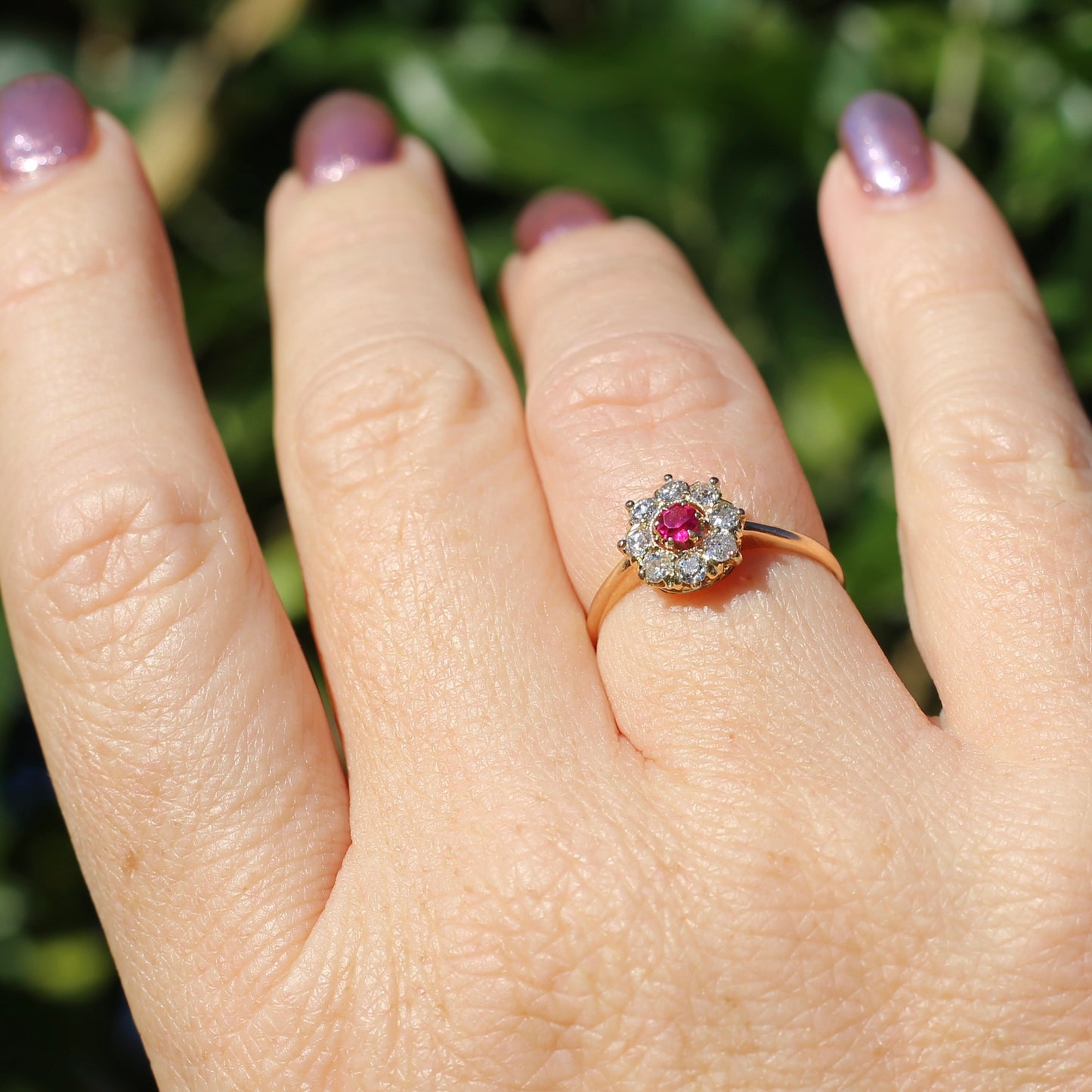 Antique Ruby and Old Cut Diamond Cluster, 15ct Yellow Gold, size O or 7.25 with valuation