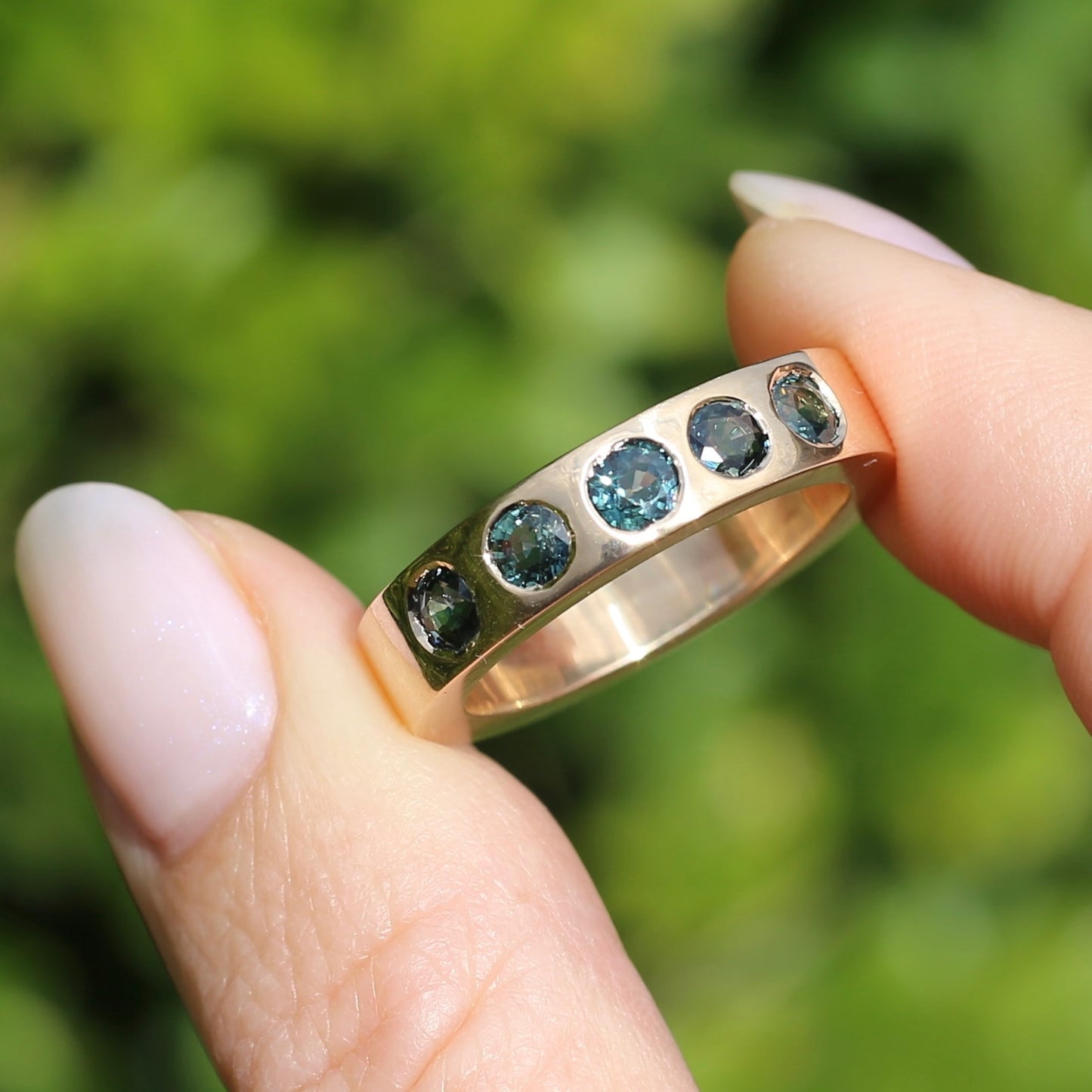 Custom Reclaimed Gold Chunky 9ct Rings with 4mm Parti Sapphires