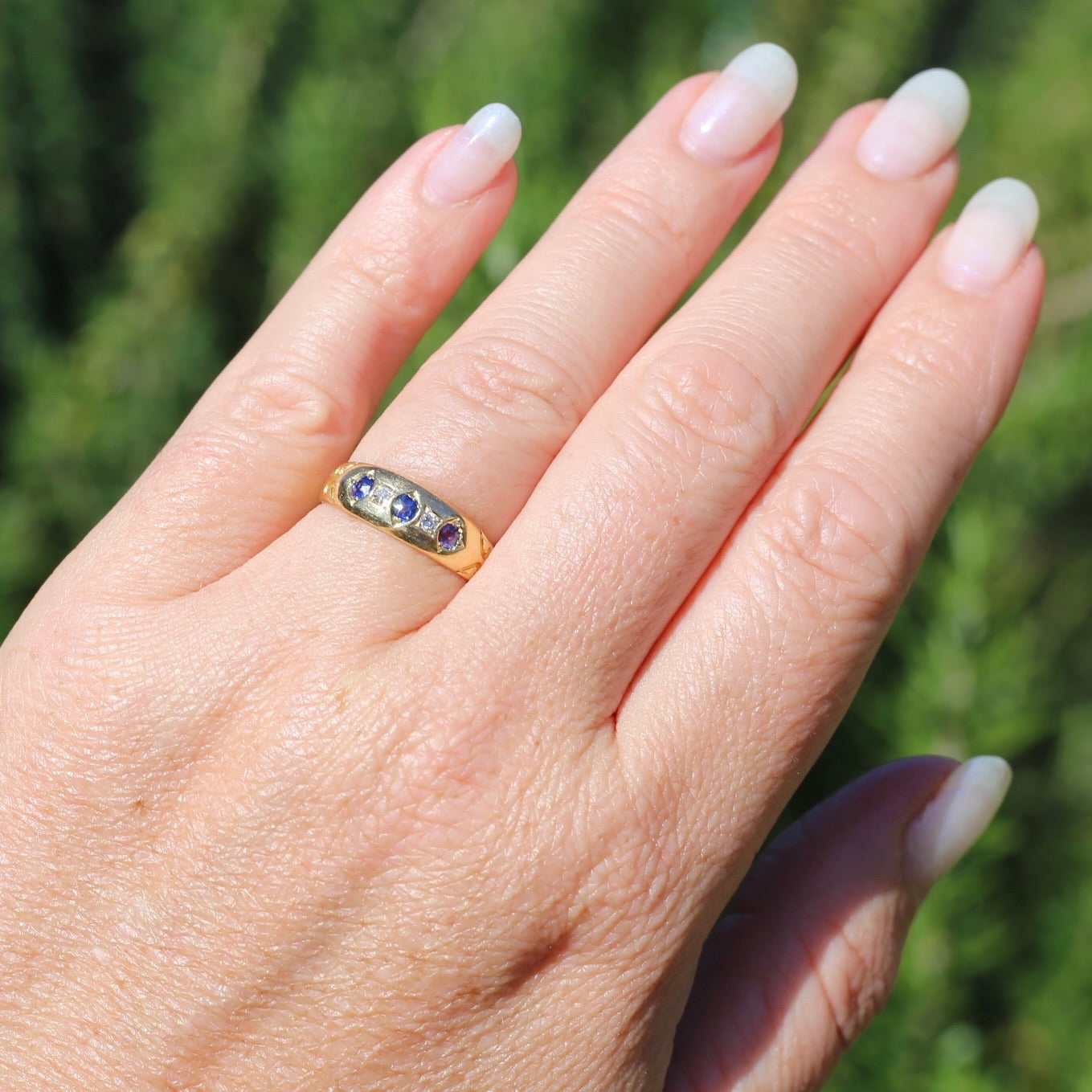 1897 Old Cut Sapphire and Diamond Five Stone Ring, 18ct Yellow Gold, size O or 7.25