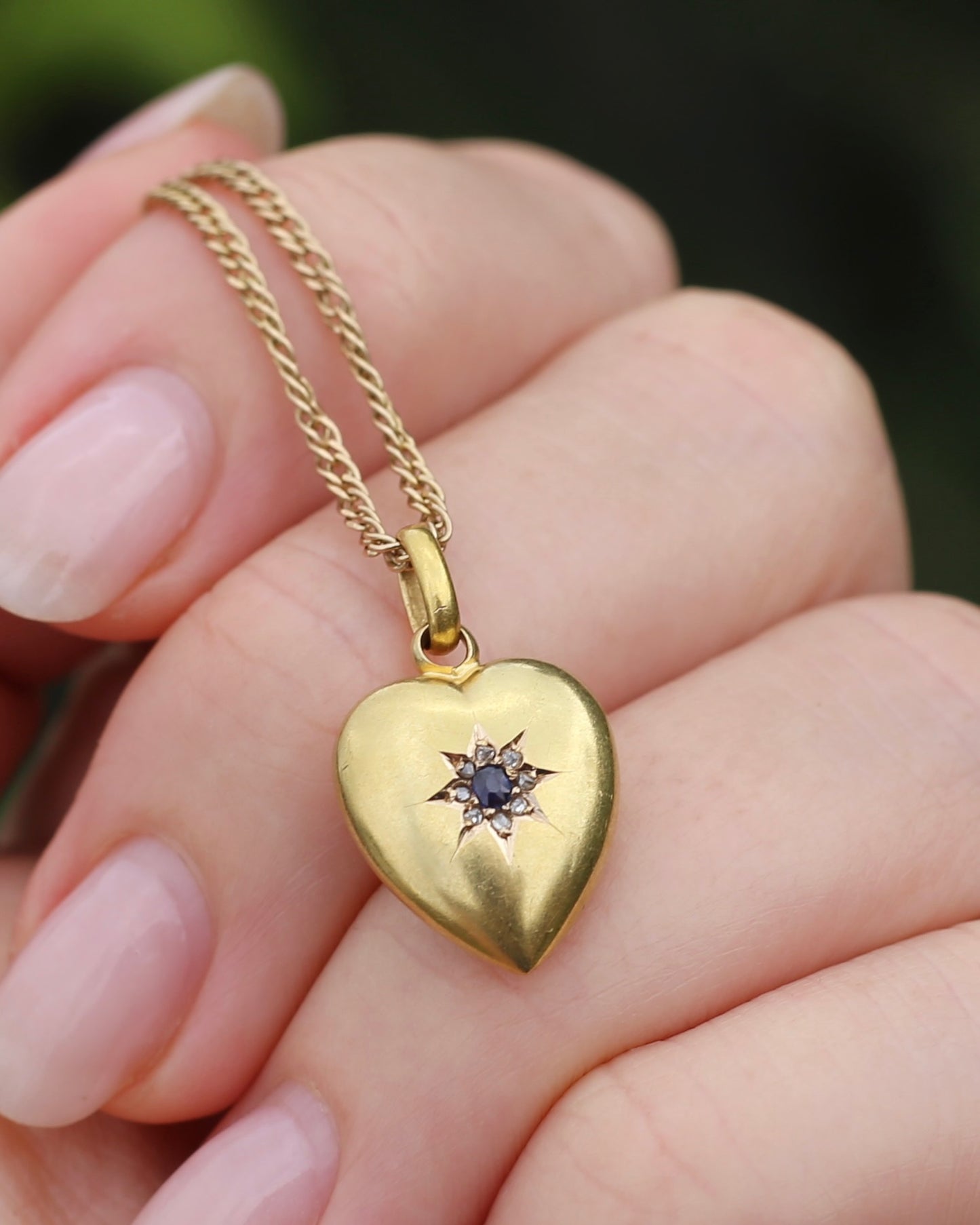 Antique 1903 Made 15ct Puffy Heart With Old Cut Sapphire and Rose Cut Diamonds, 15ct Yellow Gold, 1.59g